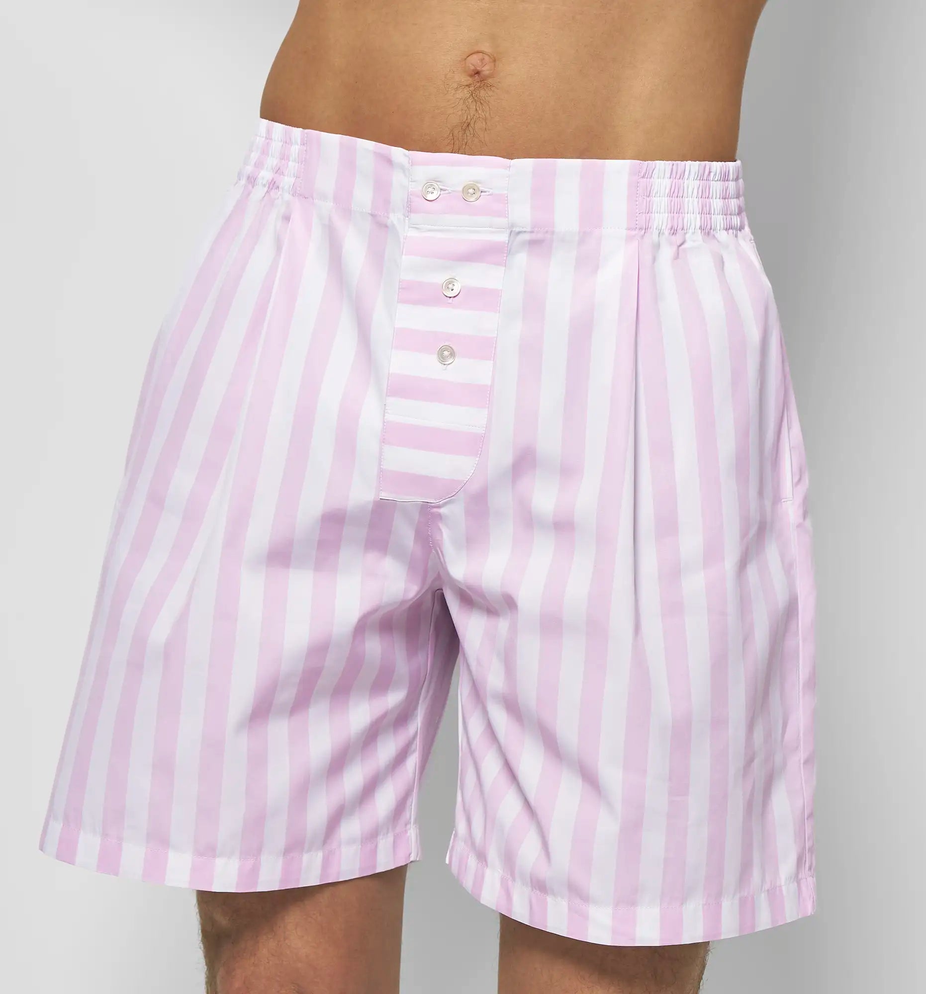 Sébline – pale pink and white striped cotton poplin boxer shorts, front on-model view