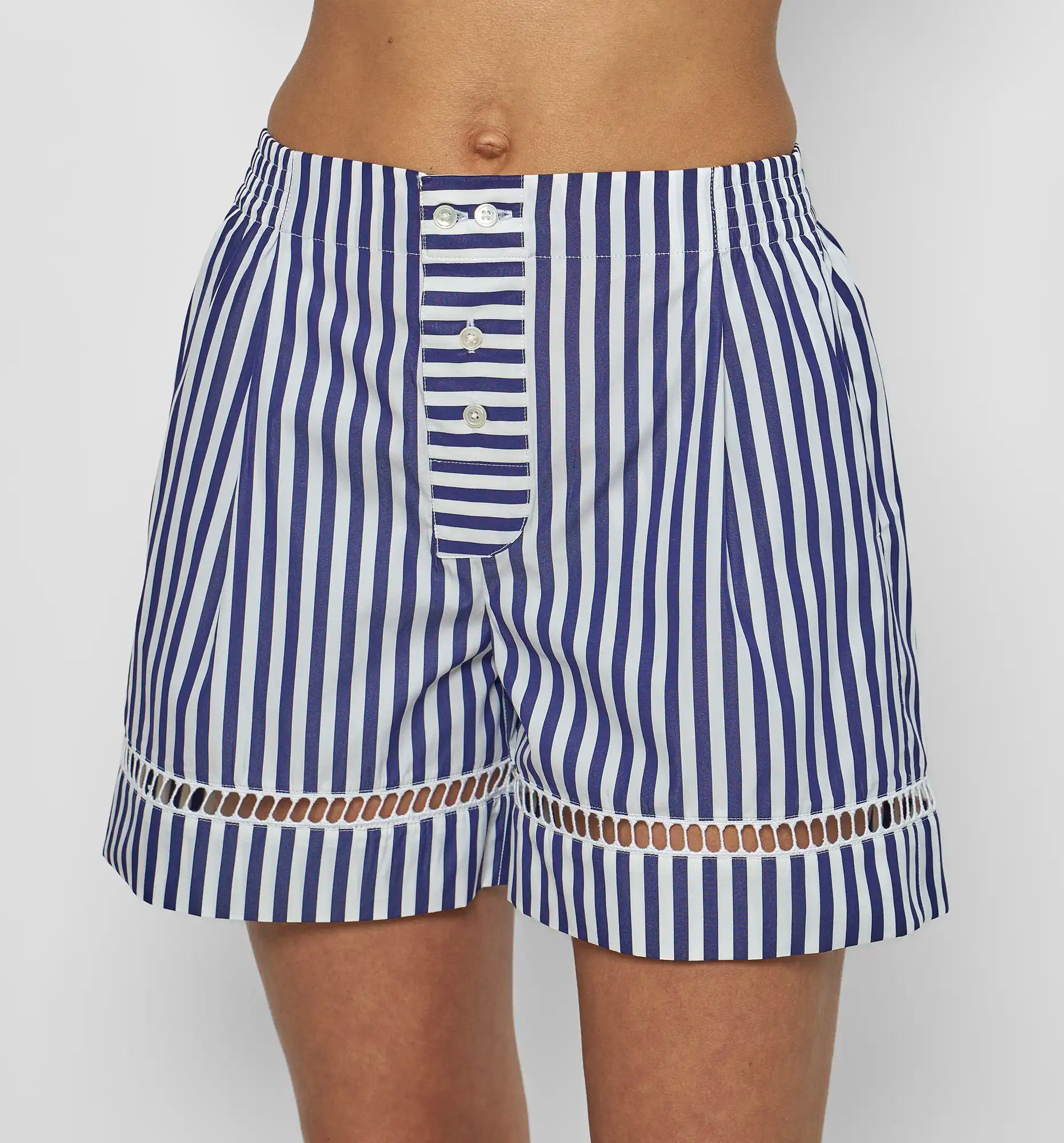 Boxer shorts in blue and white stripes — on-model view