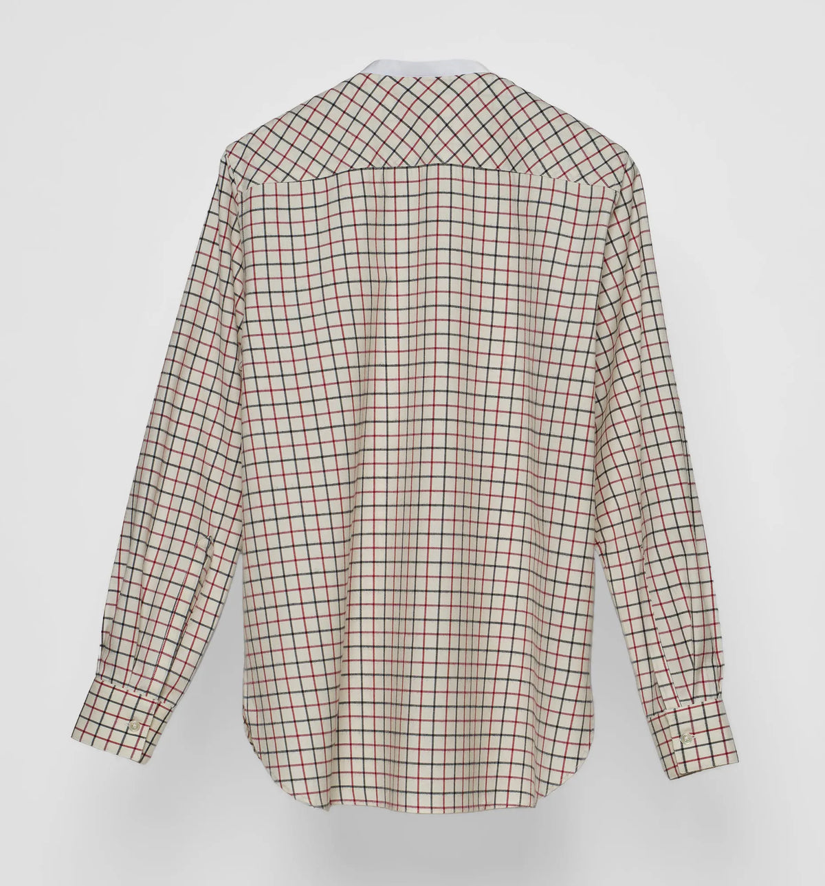 Women's Bunny Shirt – back view of Tattersall flannel shirt with white poplin band collar, flat lay