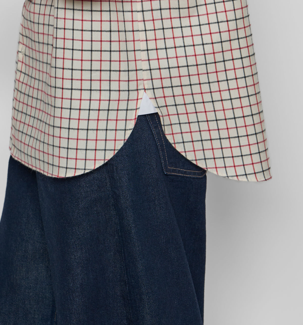 Women's Bunny Shirt – close-up of cream Tattersall shirt, worn with dark blue denim