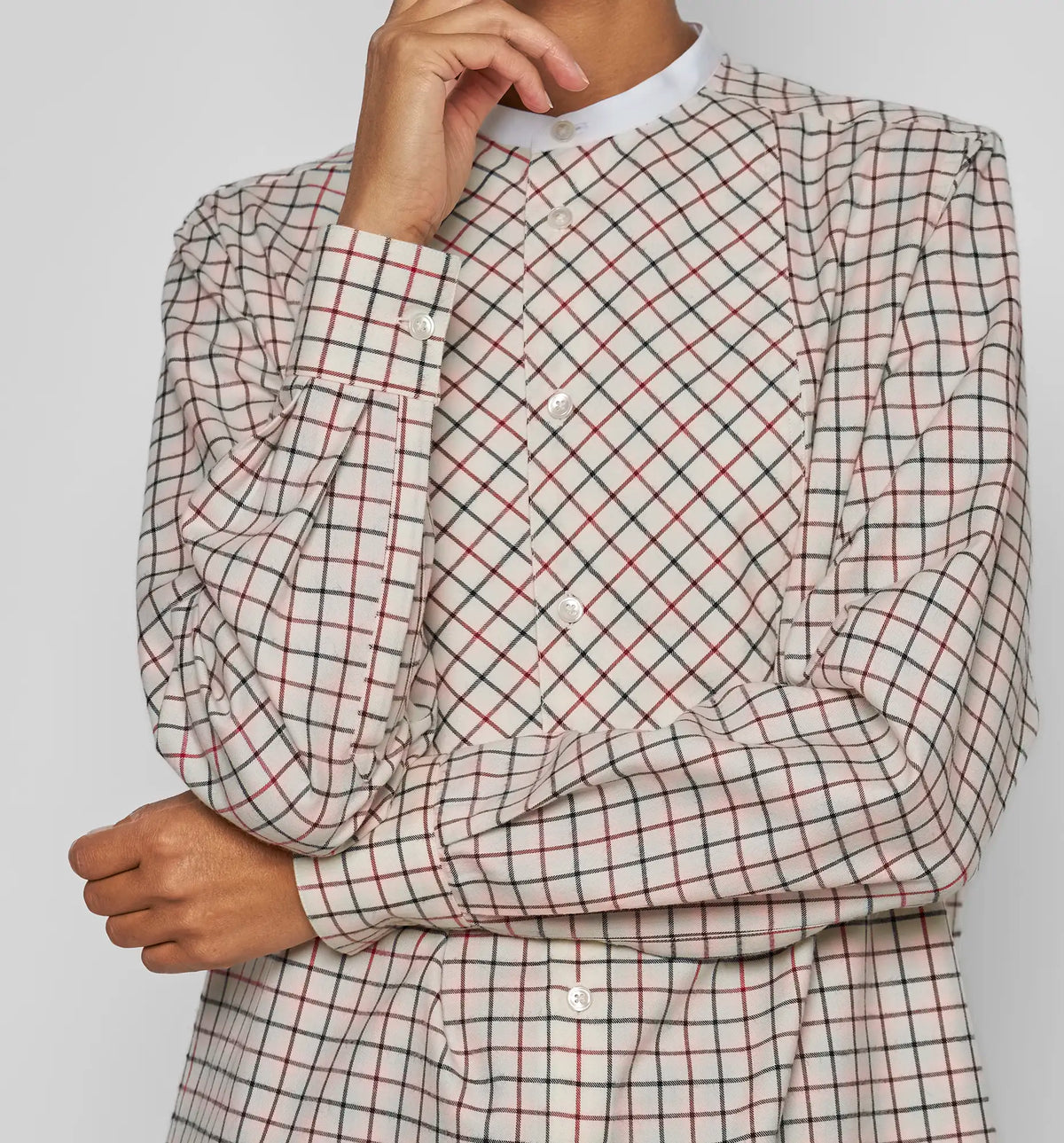 Women's Bunny Shirt – close-up of white long-sleeve shirt with red and black diagonal windowpane check