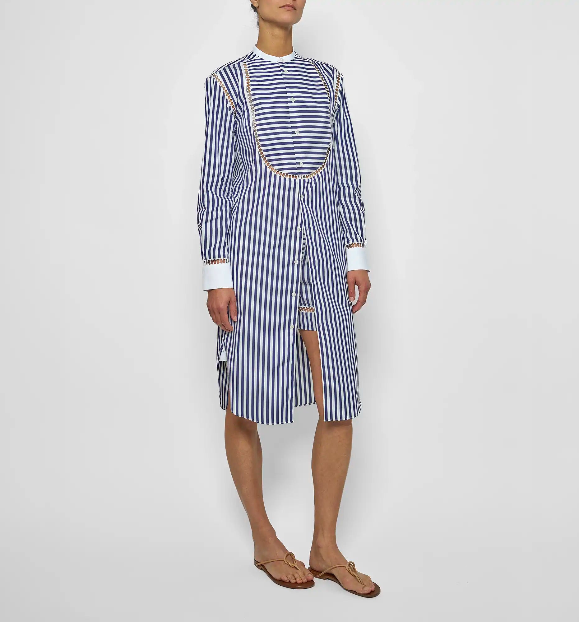 Sébline – Blue striped poplin Bunny Dress open with boxer, front on-model view