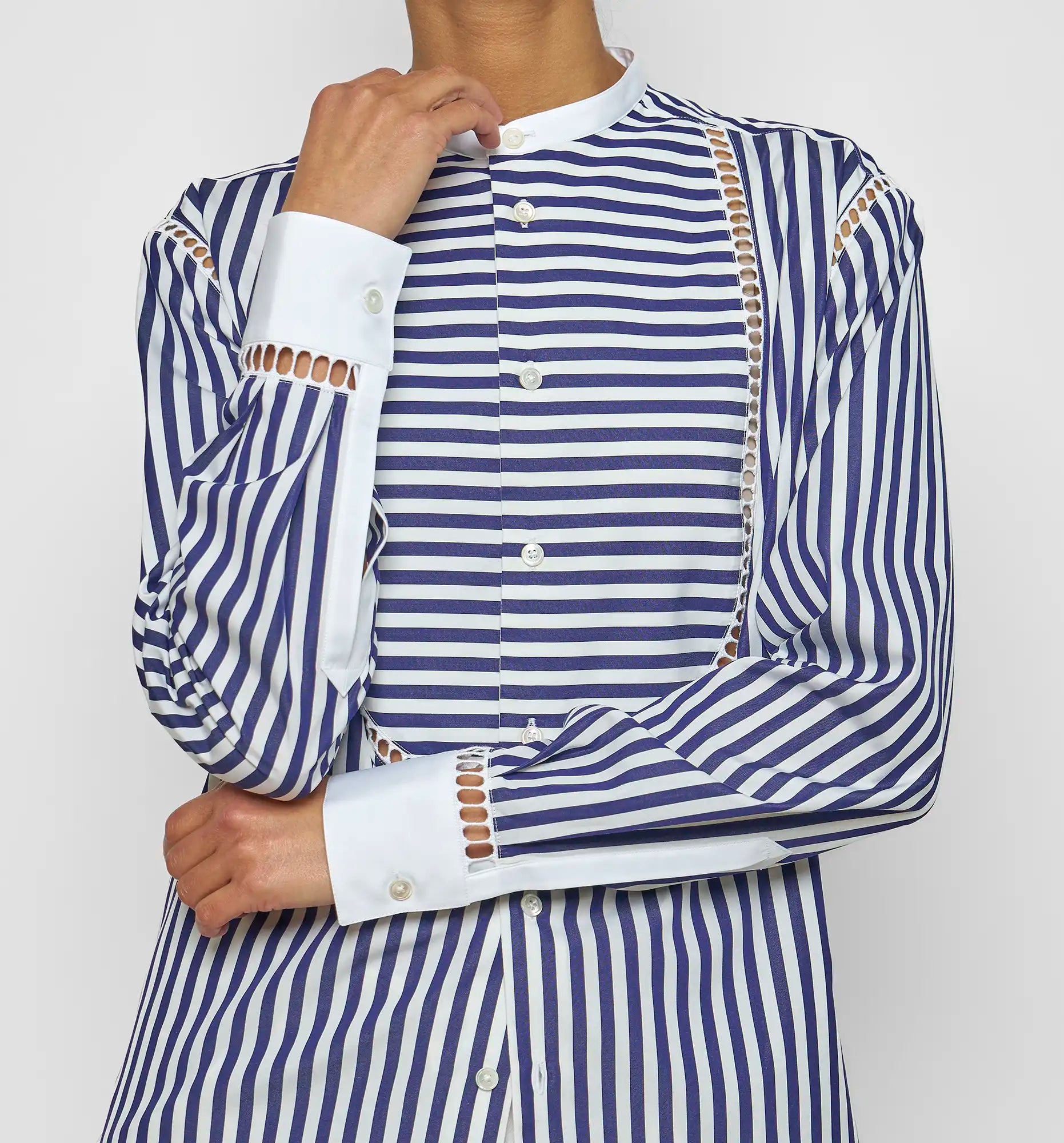 Bunny shirt in blue and white stripes — on-model view