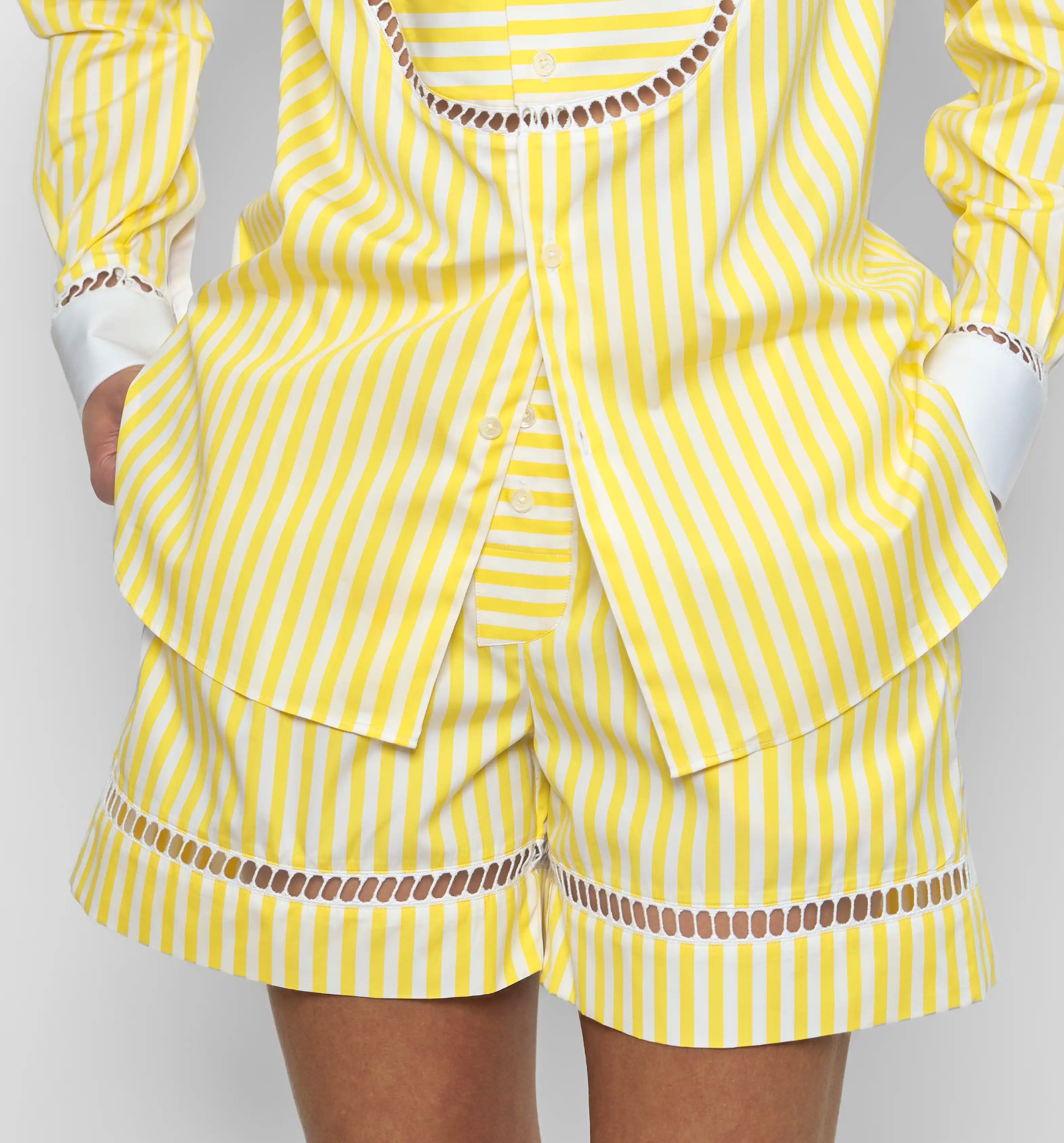 Sébline – Women's yellow and white striped cotton poplin boxer shorts, on-model view