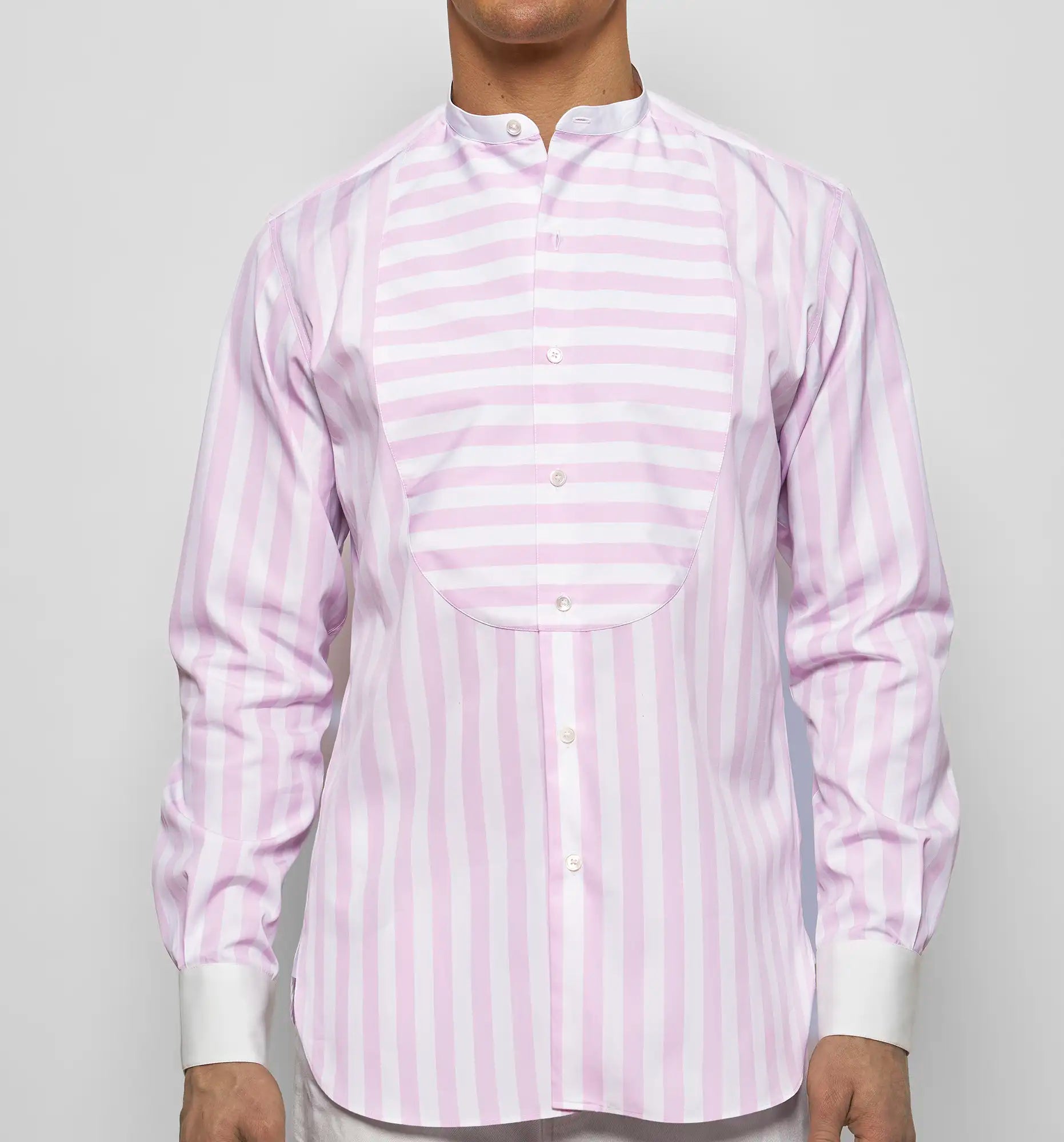 Bunny shirt in pink and white stripes, front view — Sébline SS26
