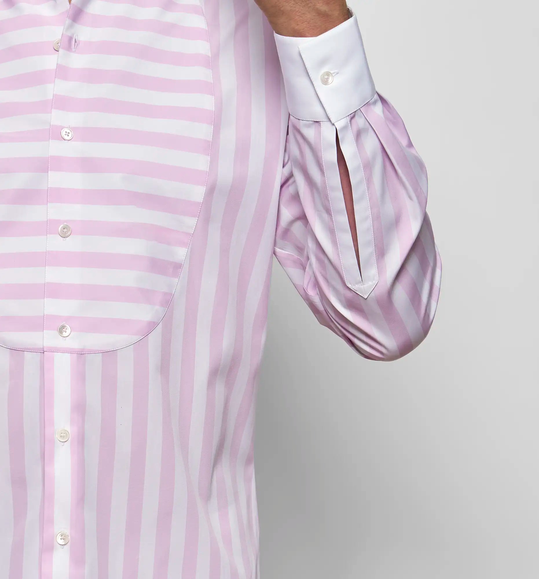 Bunny shirt in pink and white stripes, fabric close-up — Sébline SS26