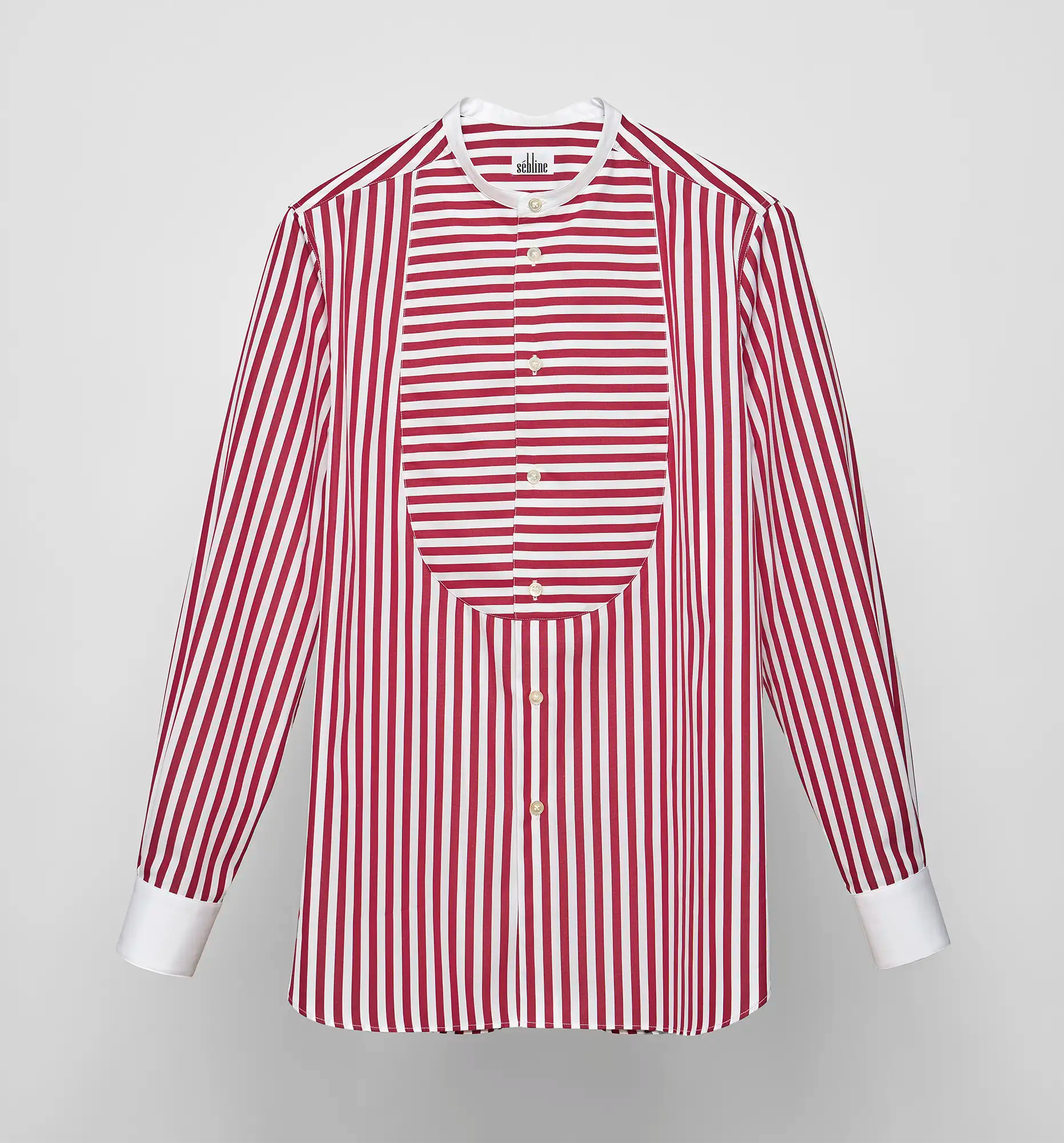 Sébline red-and-white striped long-sleeve shirt with band collar and bib panel, front view on grey background.