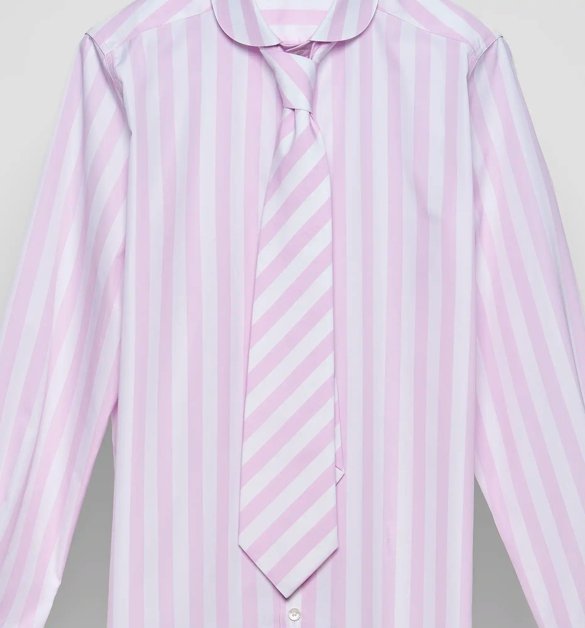 Sébline – Pale pink striped poplin tie with chemise de garçon, packshot view