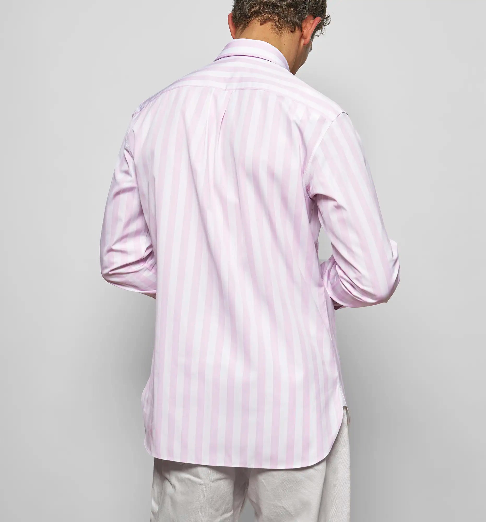 Boy's shirt in pink and white stripes, back view — Sébline SS26