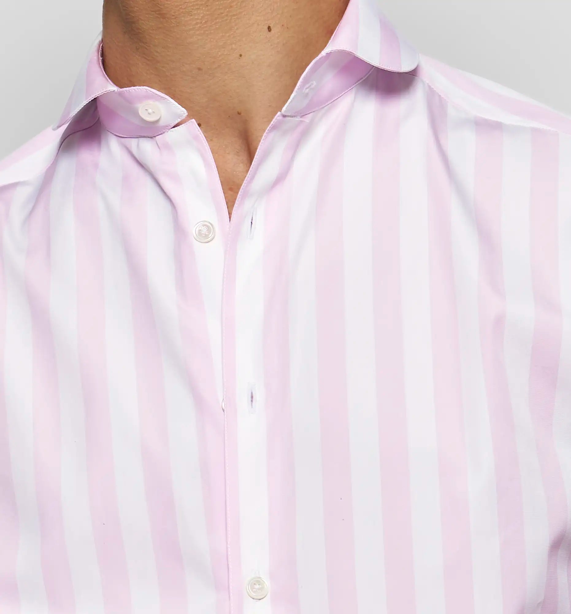 Boy's shirt in pink and white stripes, collar detail — Sébline SS26