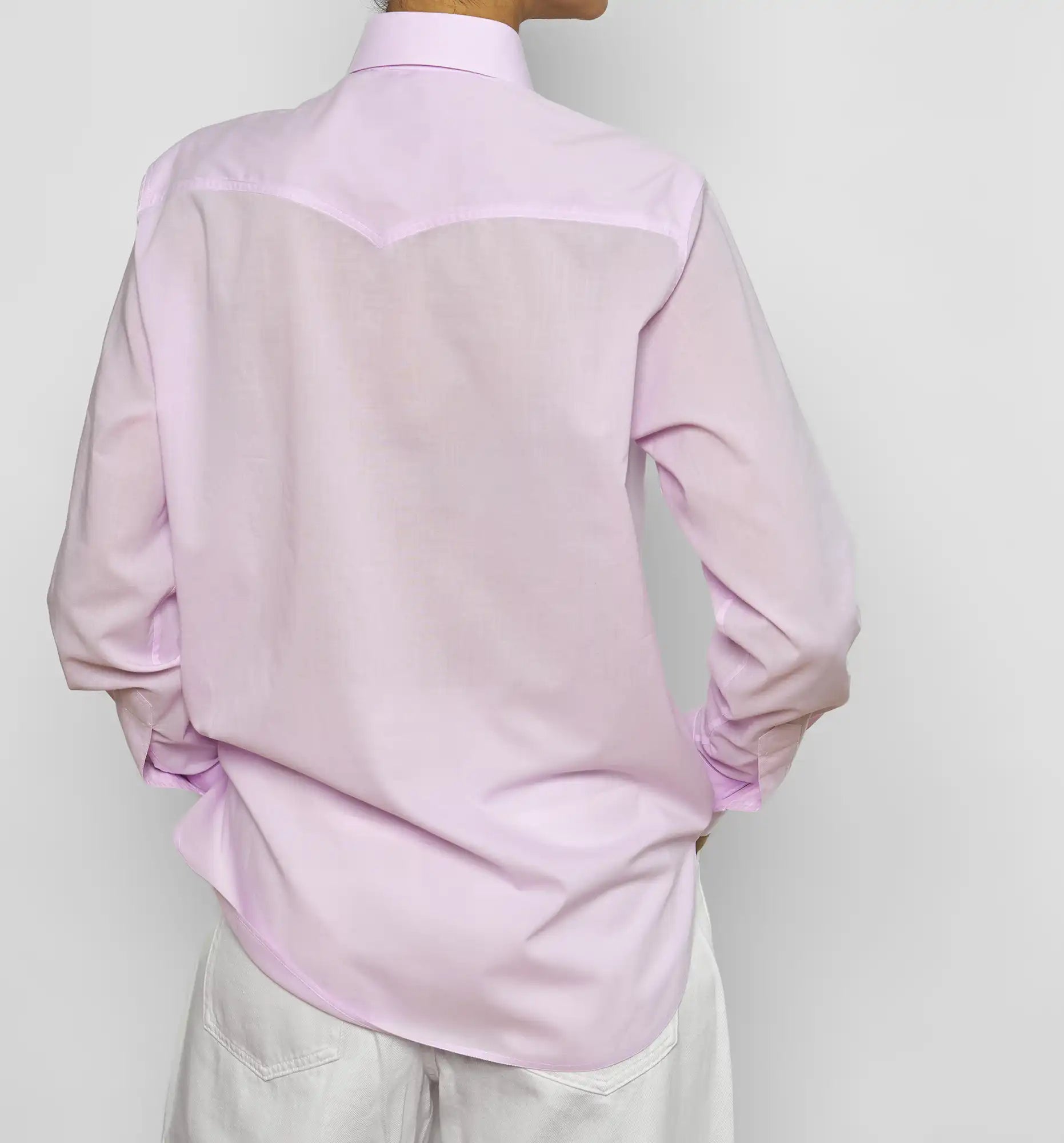 Safari polo shirt in pale pink stripes — back view