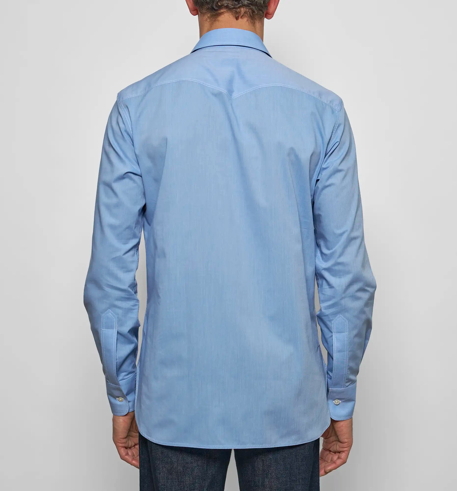 Safari shirt in blue voile, back view — Sébline SS26