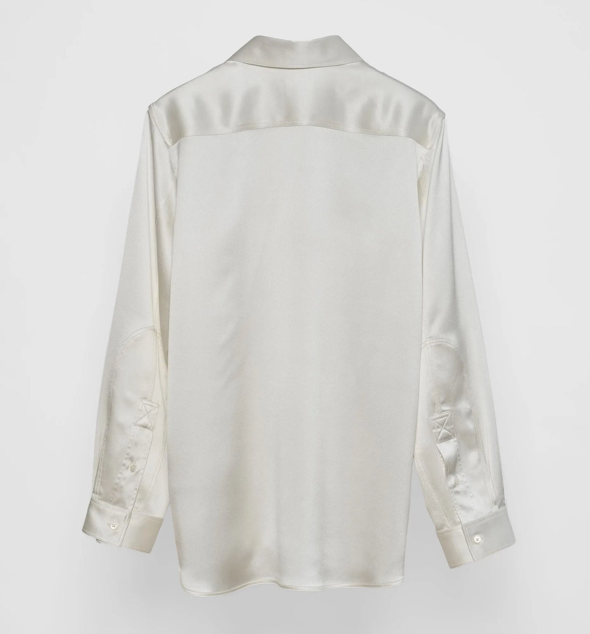 Back view of off-white silk satin combat polo shirt, flat lay