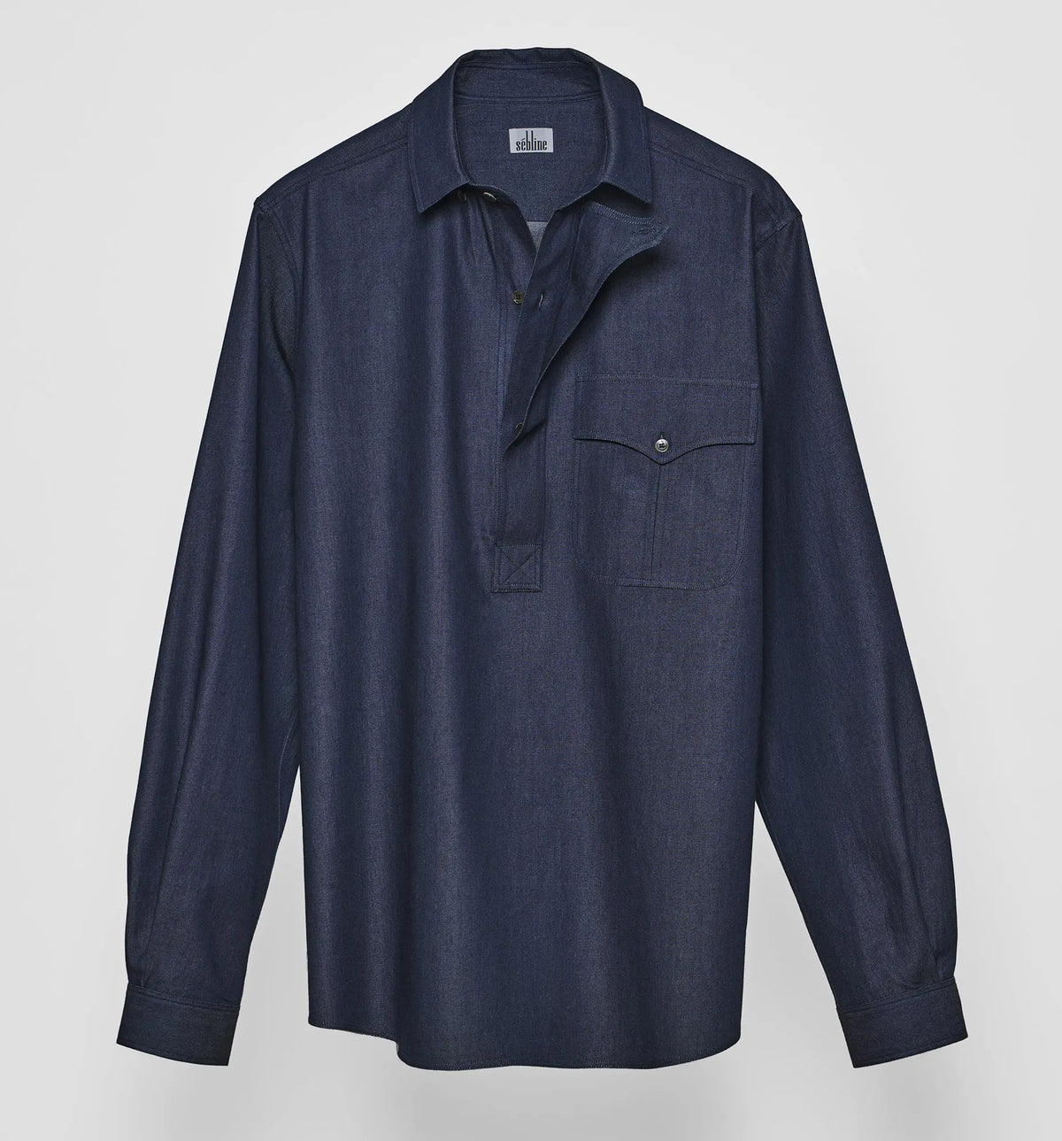 Combat Polo Shirt – Men's denim twill pullover shirt, asymmetric design, front flat lay