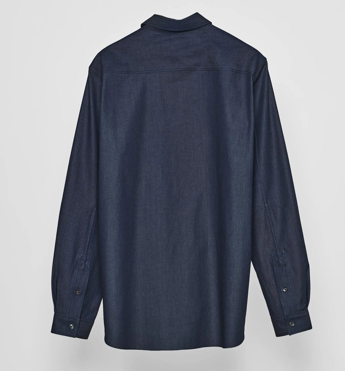 Combat Polo Shirt – Back view of denim twill combat polo shirt, flat lay