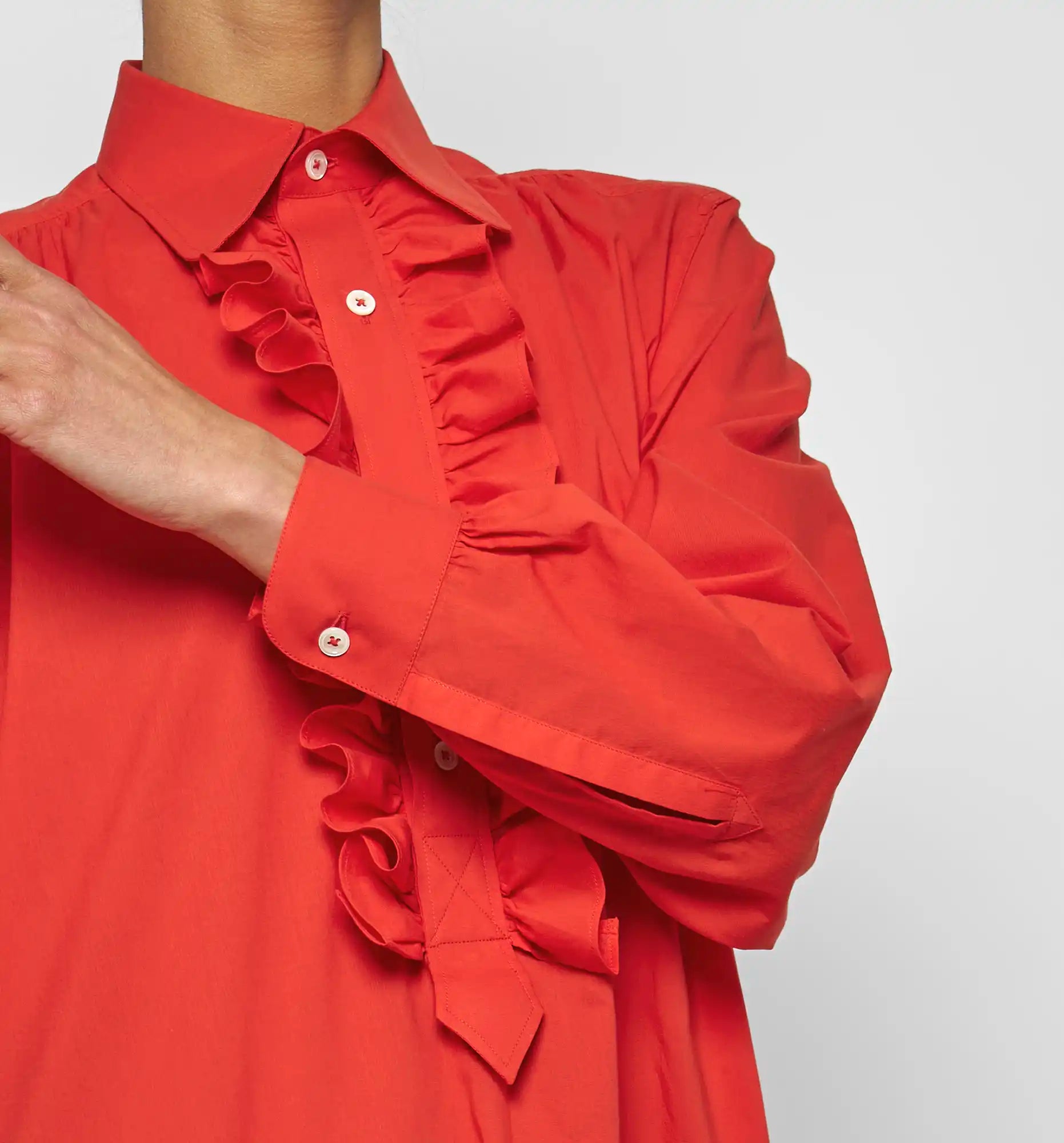 Long ruffle dress in poppy red — sleeve ruffle detail