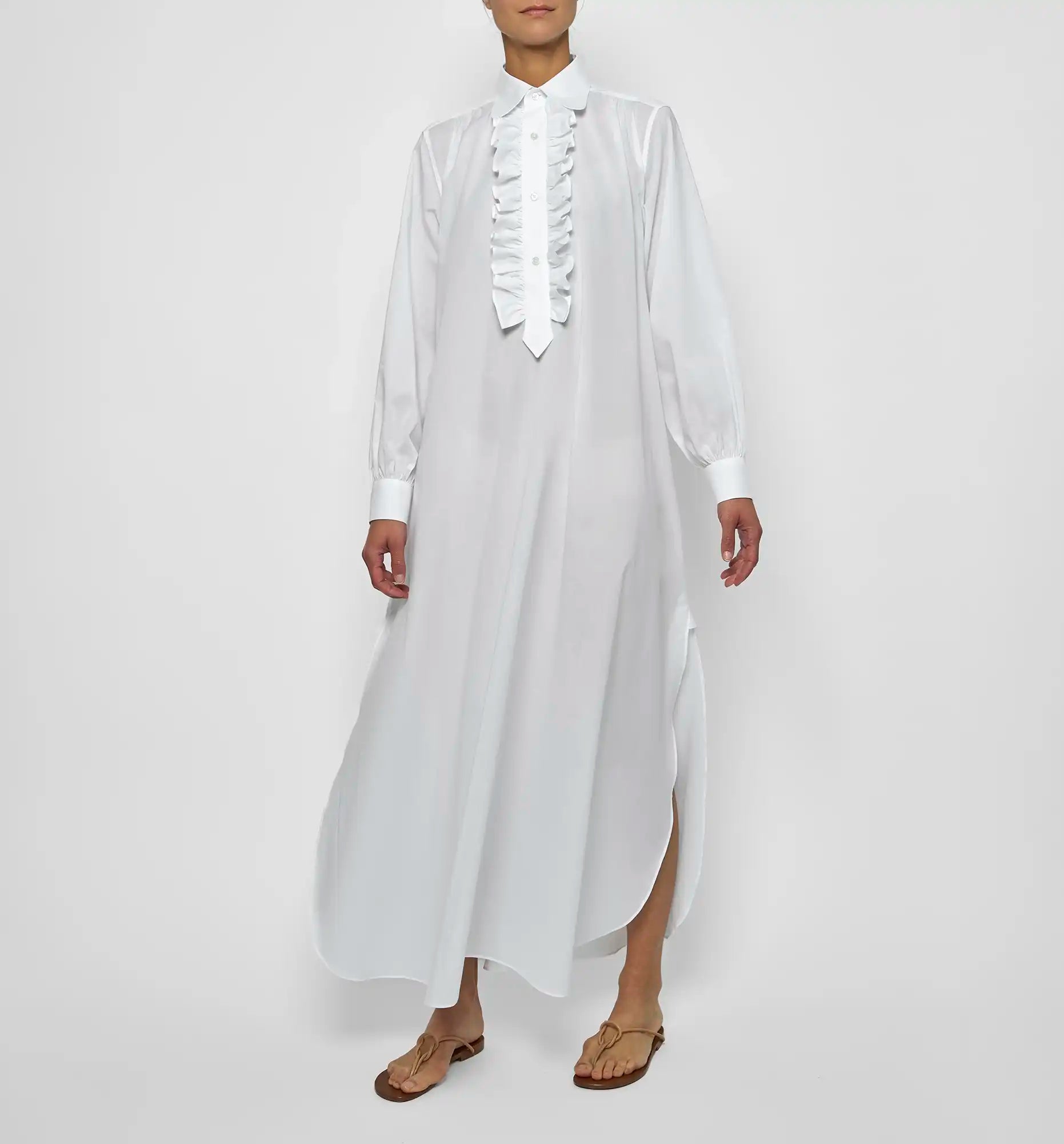 long ruffle dress in white — front on-model view
