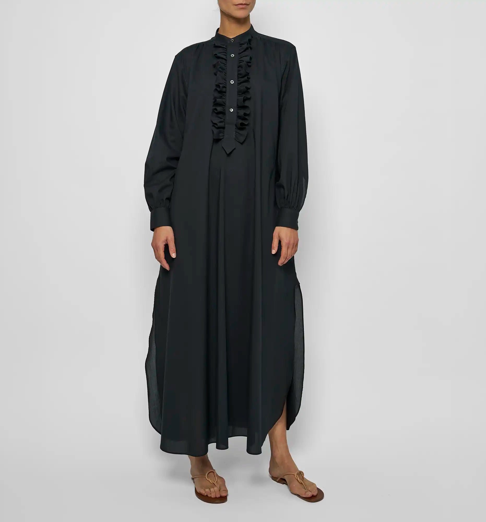 Long ruffle dress in black — front on-model view