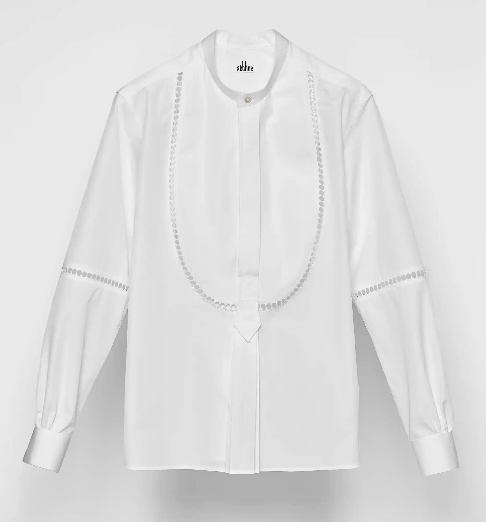 Venetian Painter's Shirt in white poplin, front view — Sébline