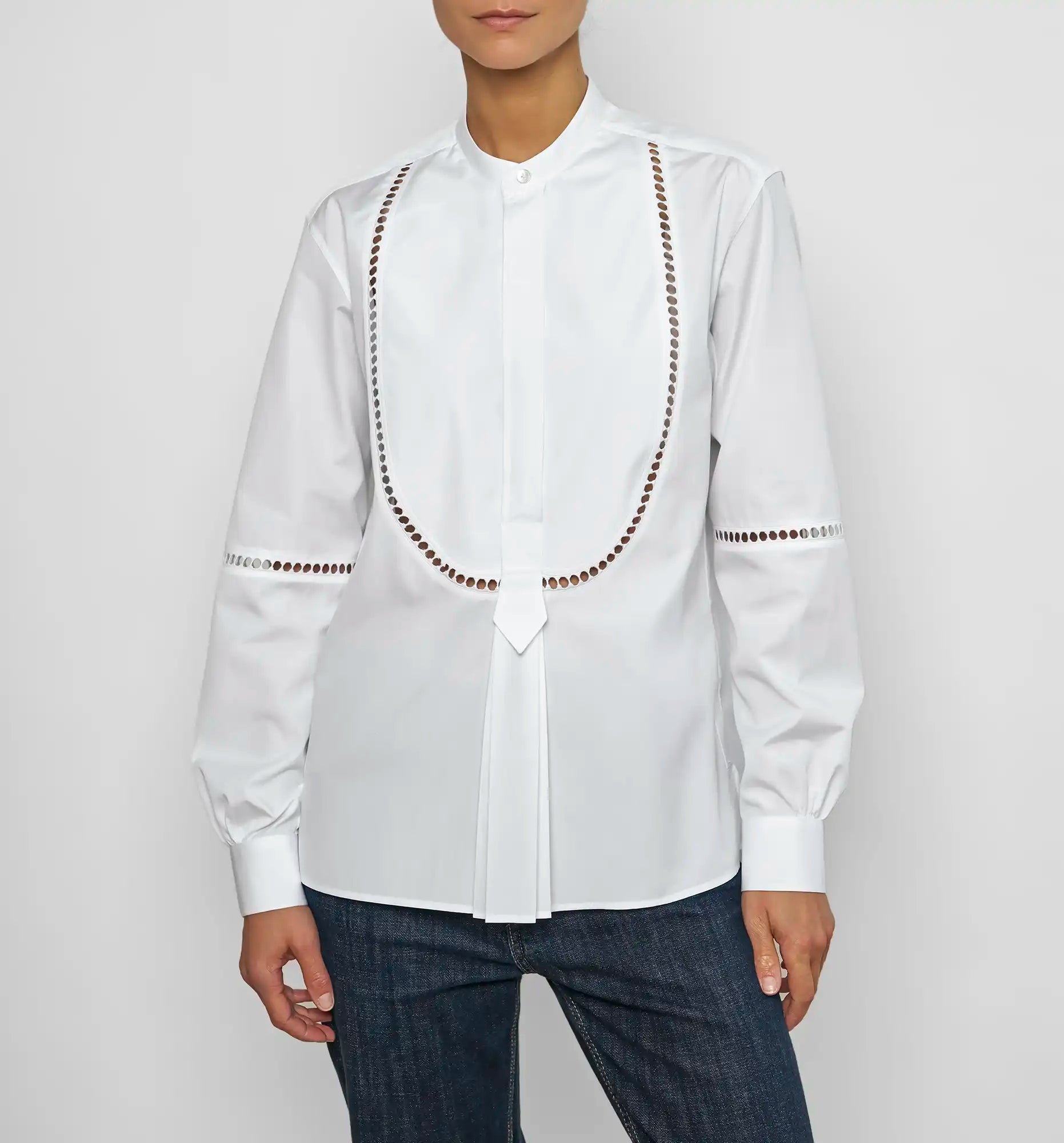 Venetian Painter's Shirt in white poplin, on-model front view — Sébline