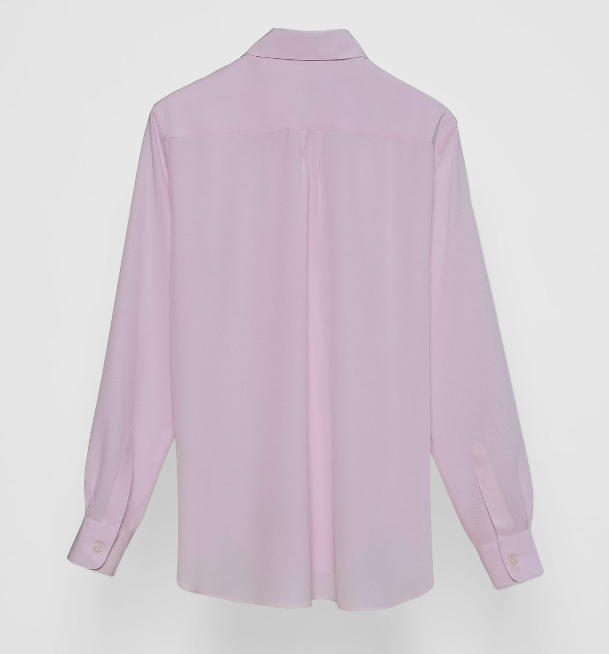 Ruffle Shirt in pale pink crêpe de Chine, back view, flat lay