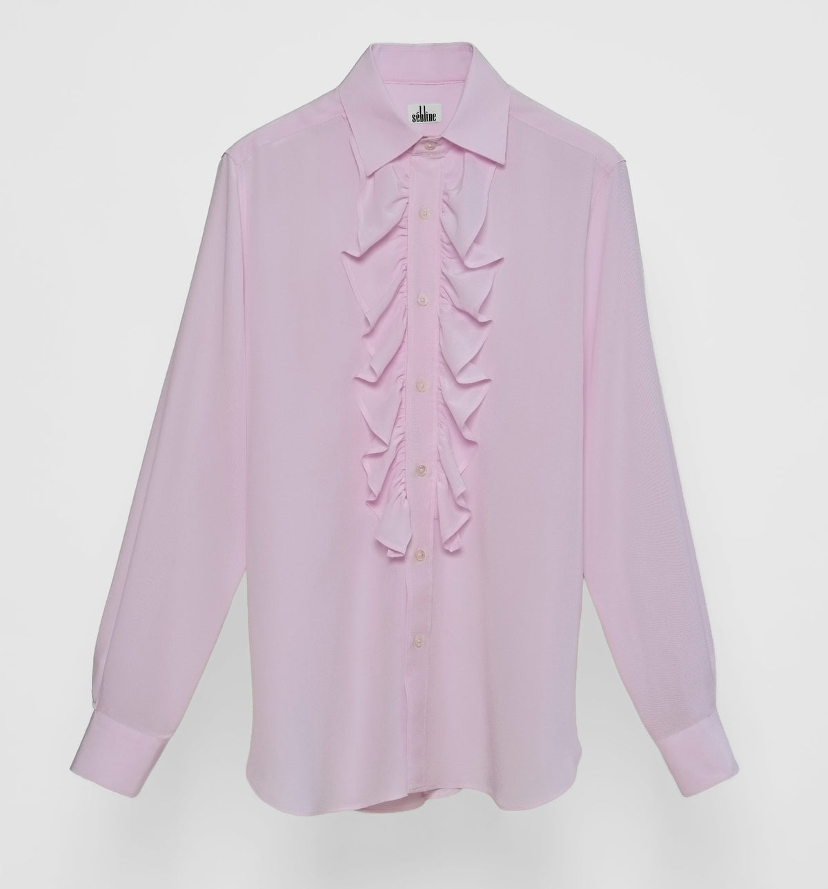 Ruffle Shirt in pale pink crêpe de Chine, front view, flat lay