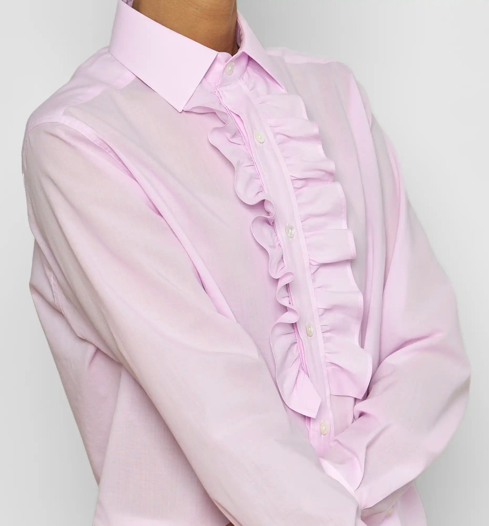 Ruffle shirt in pale pink — bodice ruffle detail