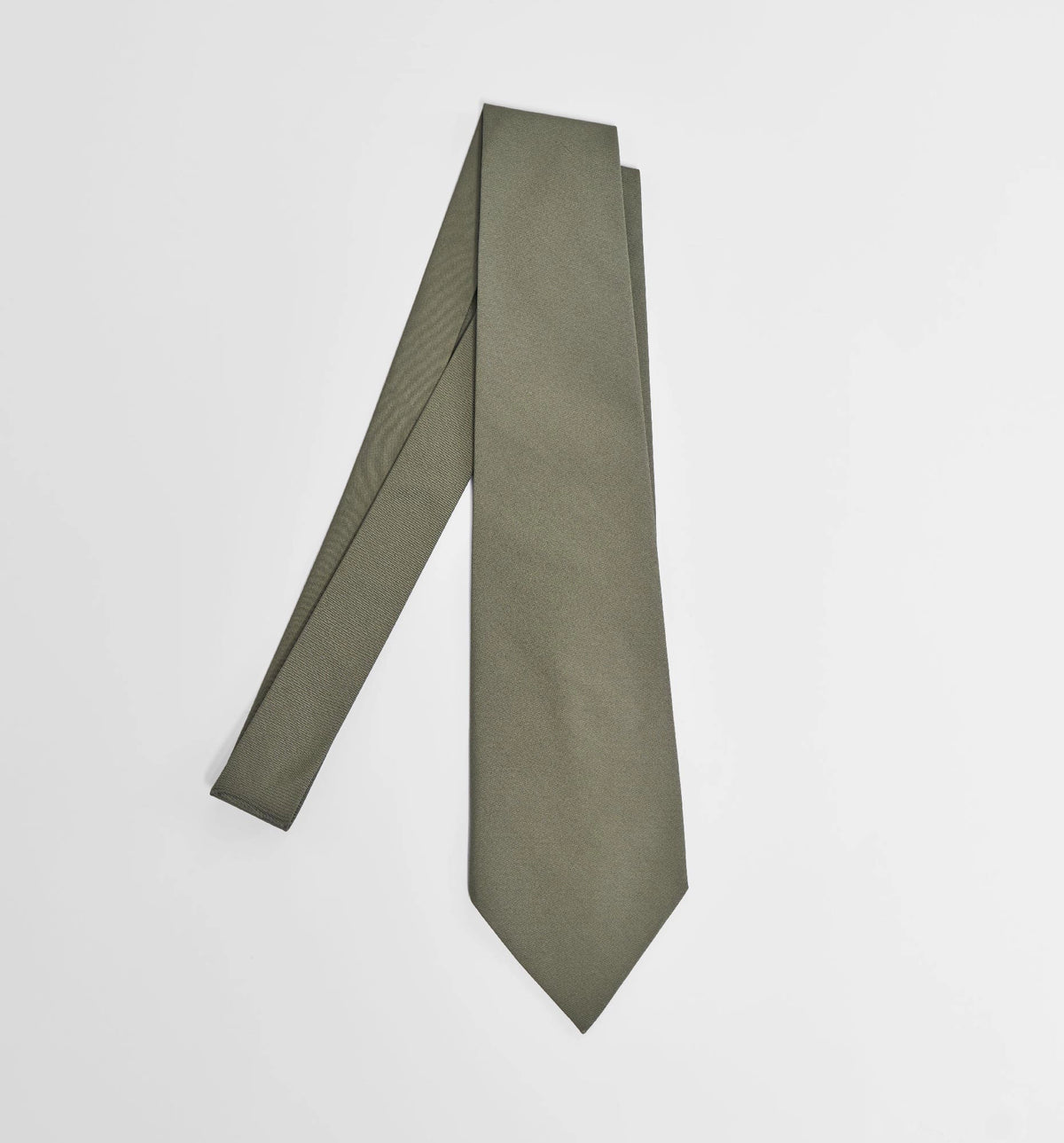 A classic necktie in a muted khaki color, folded neatly on a clean white background.