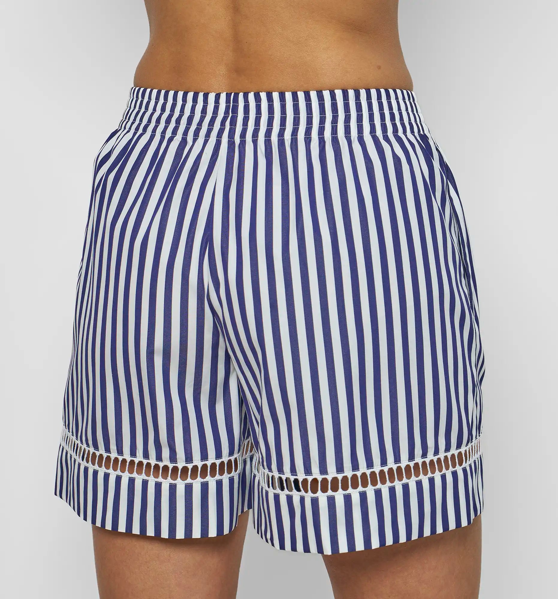 Sébline – Women's navy and white striped cotton poplin boxer shorts, back on-model view