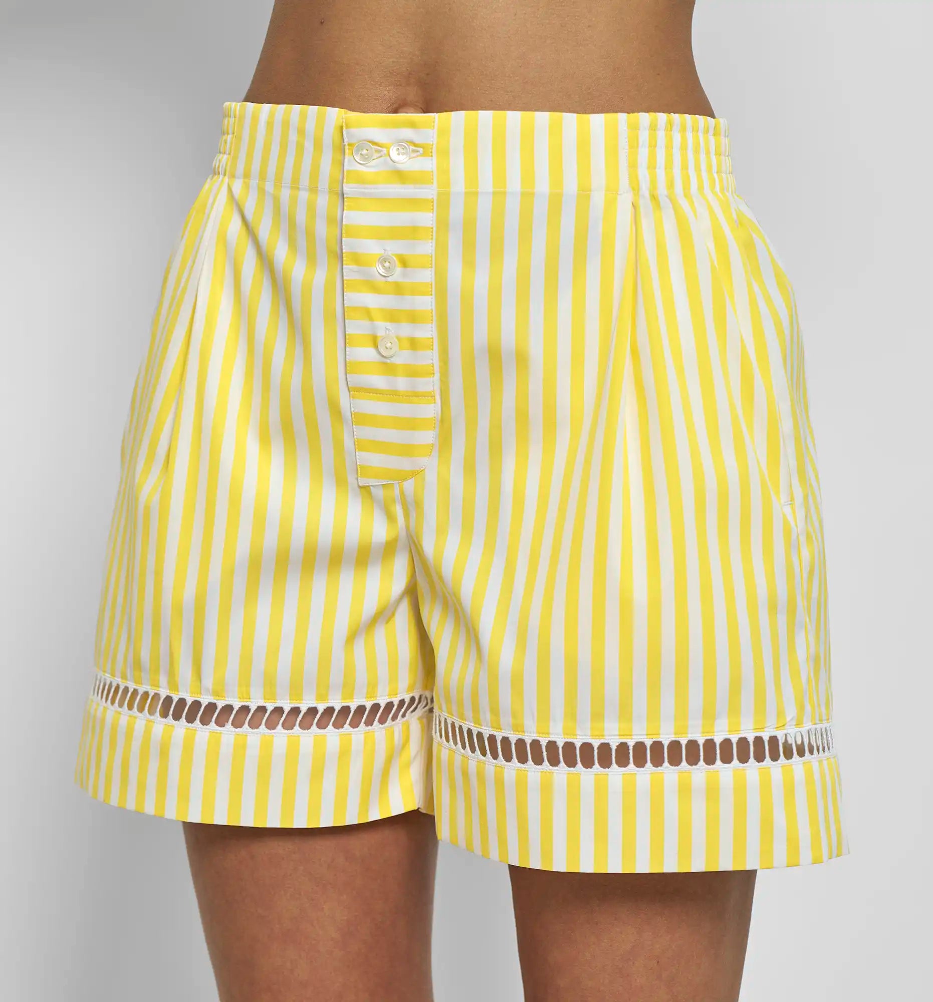 Sébline – Women's yellow and white striped cotton poplin boxer shorts, front on-model view
