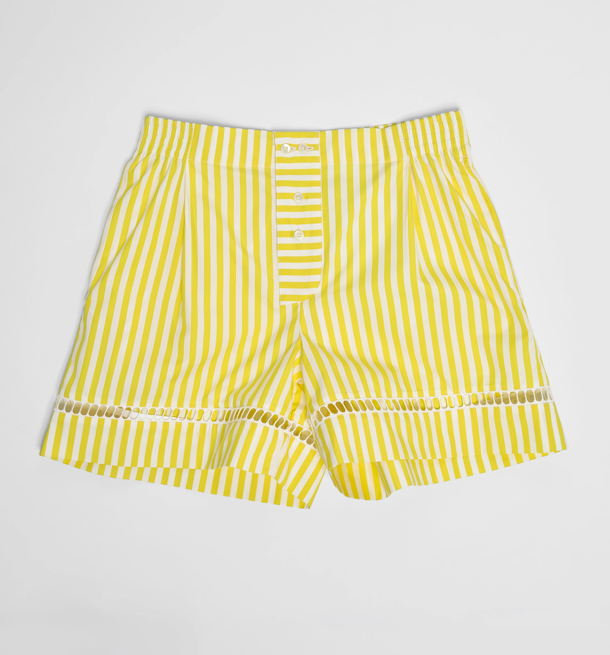 Sébline – Women's yellow and white striped cotton poplin boxer shorts, front packshot view