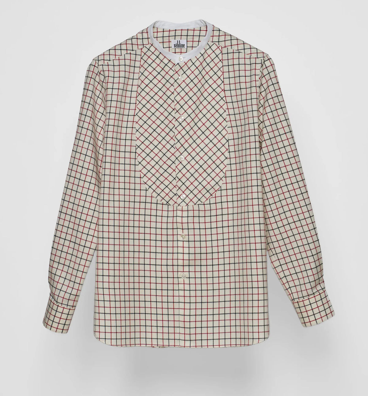 Women's bunny shirt in off-white, red and black Tattersall brushed cotton flannel, front flat lay