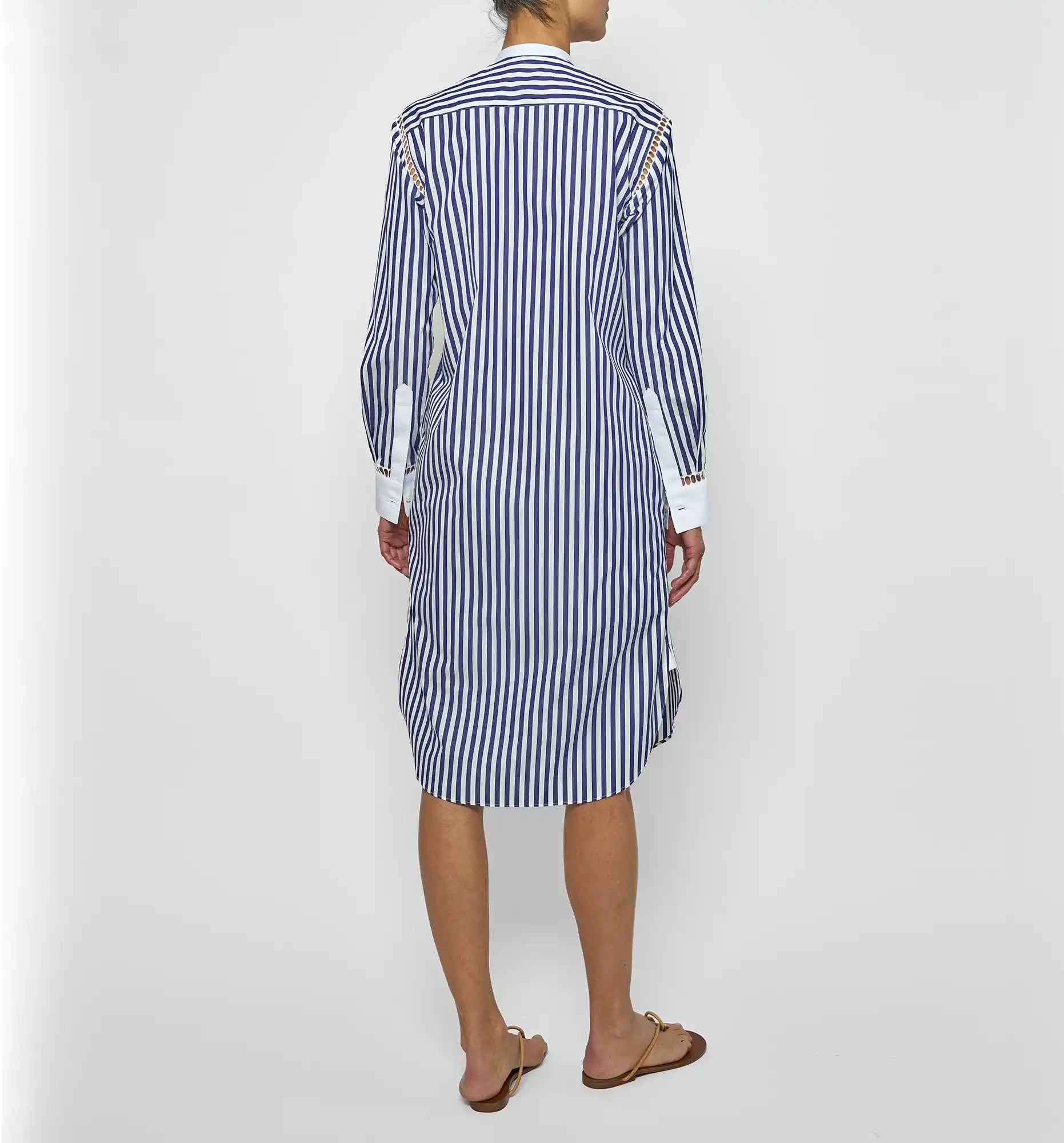 Sébline – Blue striped poplin Bunny Dress, back on-model view