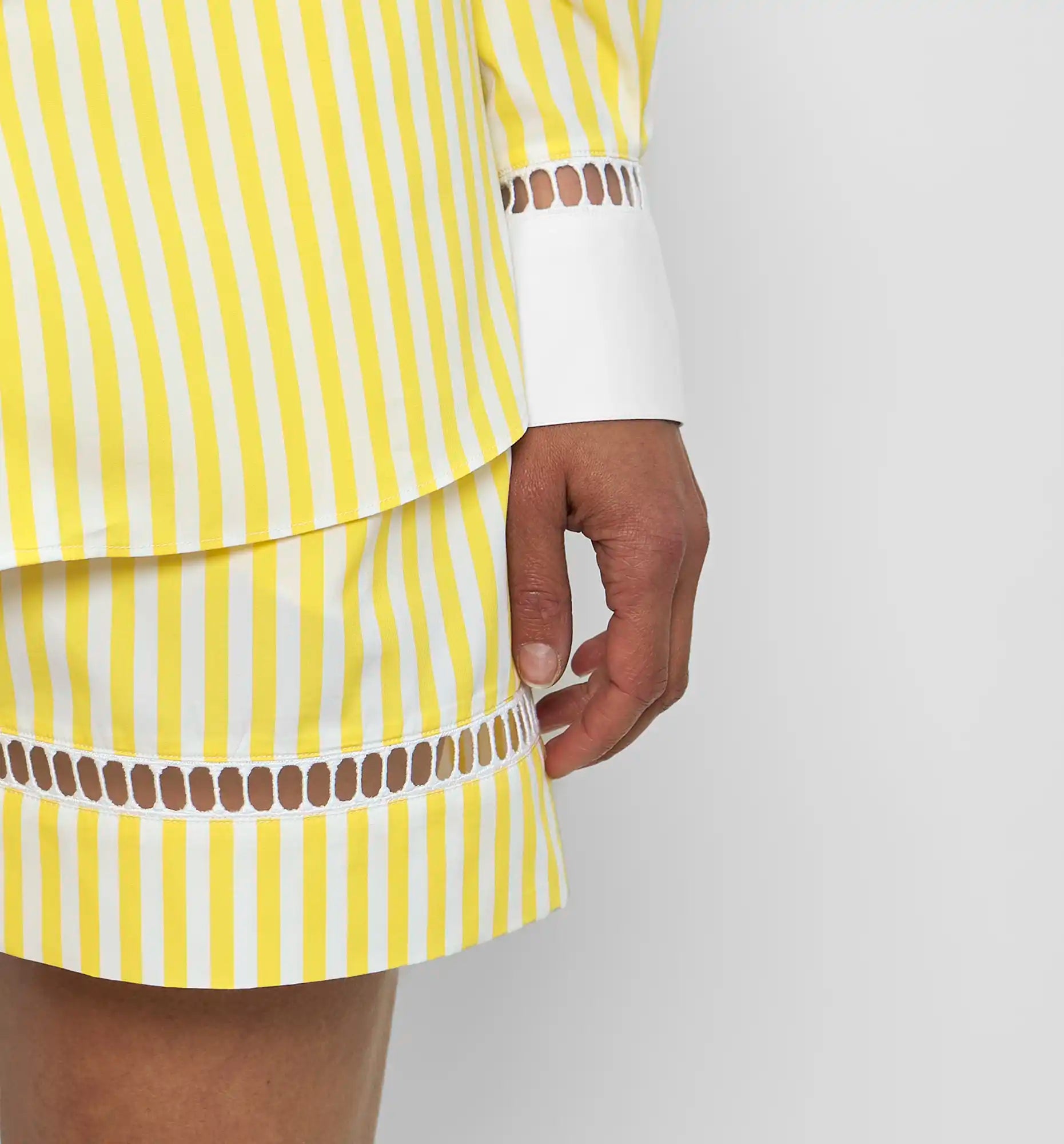Venetian bunny shirt in yellow stripes with shorts — detail on-model view