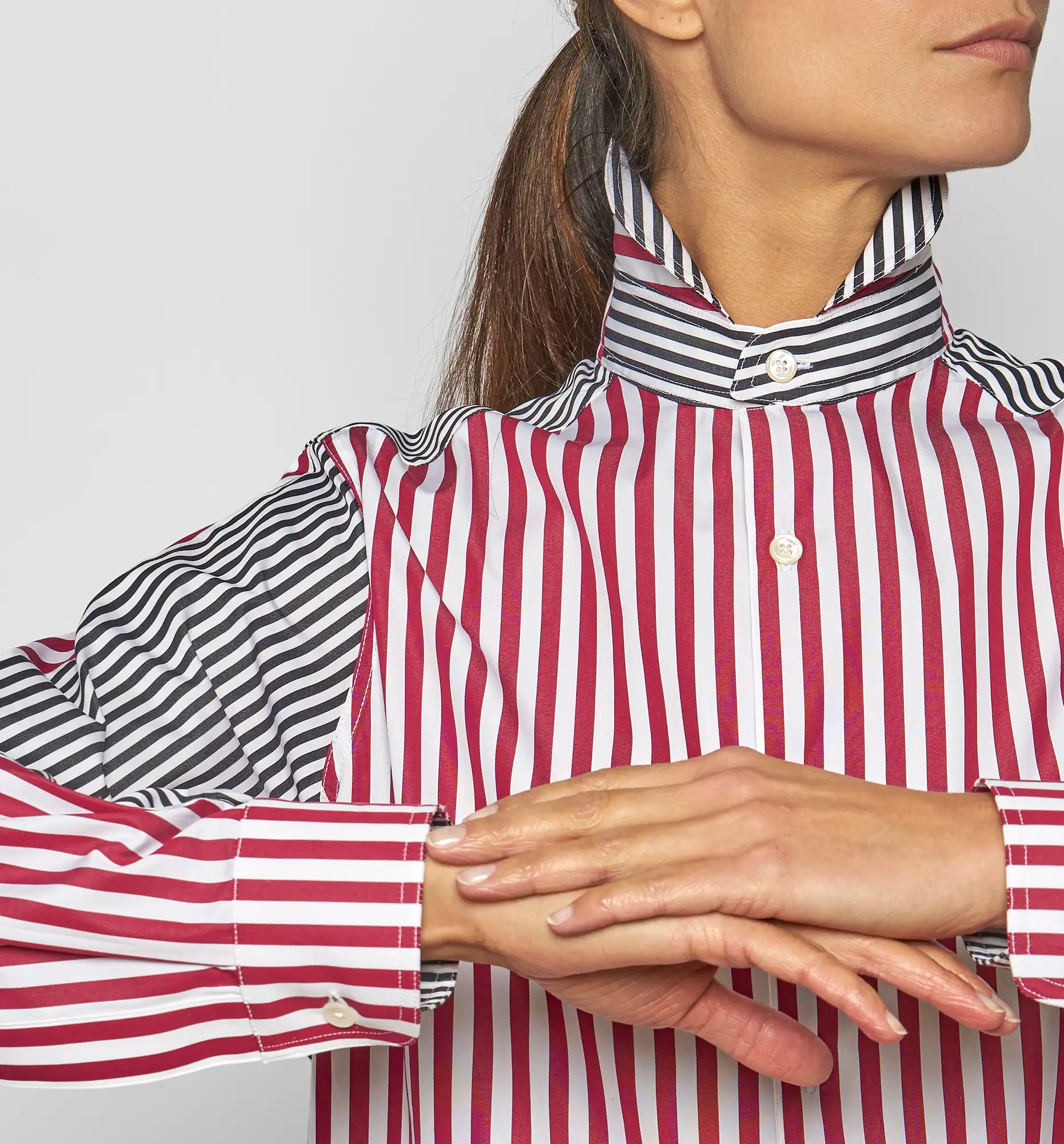 Detail of Sébline patchwork striped cotton poplin shirt cuff and sleeve.