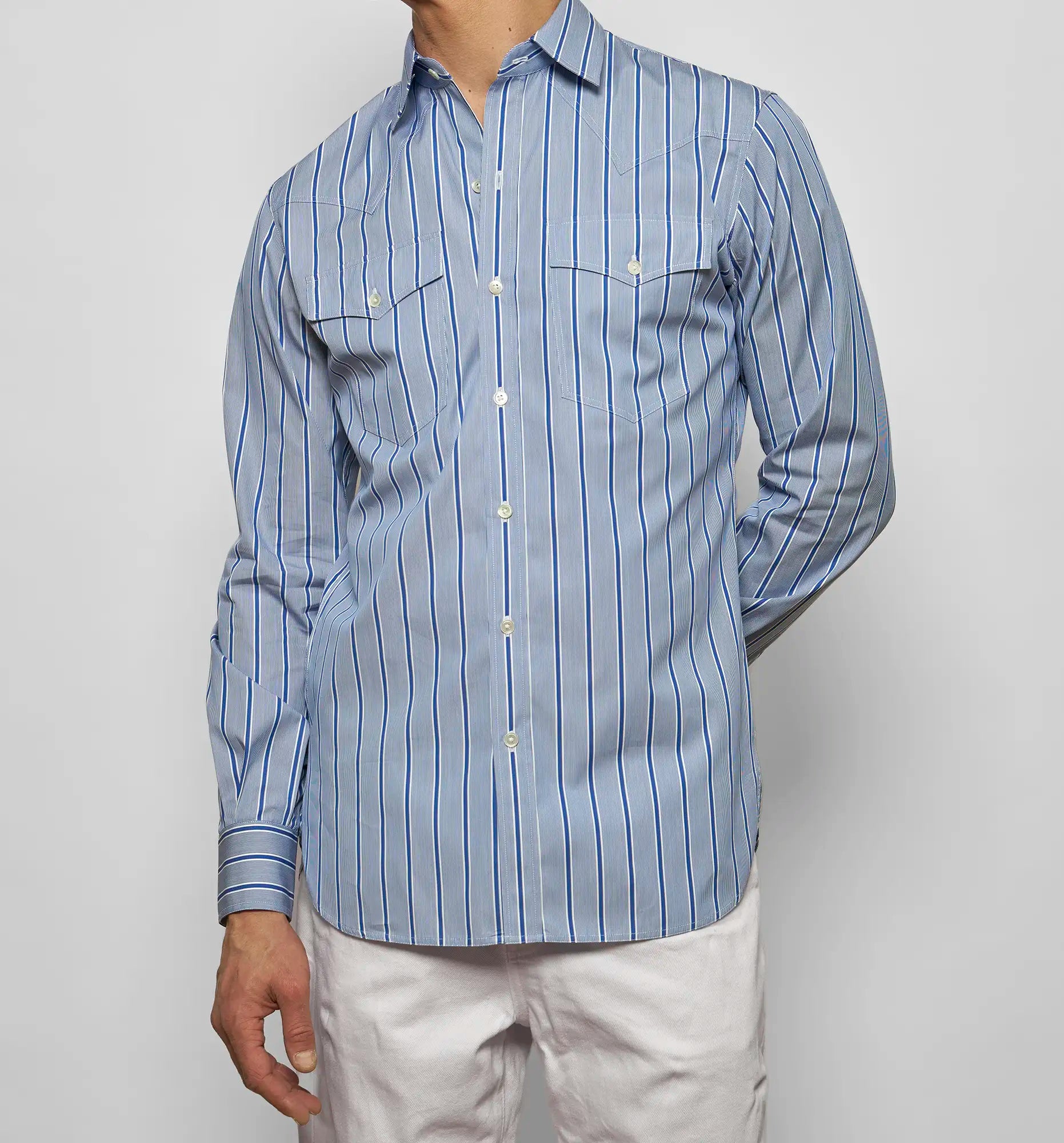 Cow Boy shirt in blue chambray, front view — Sébline SS26
