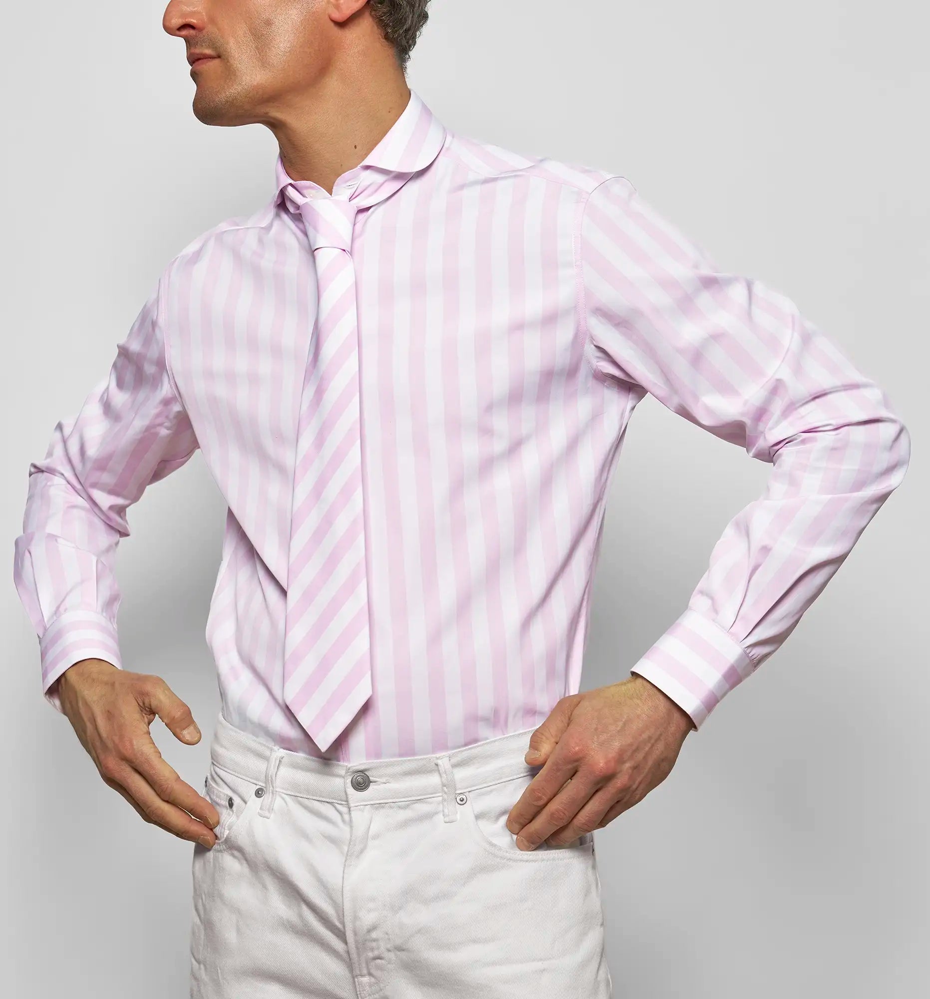 Boy's shirt in pink and white stripes, front view — Sébline SS26
