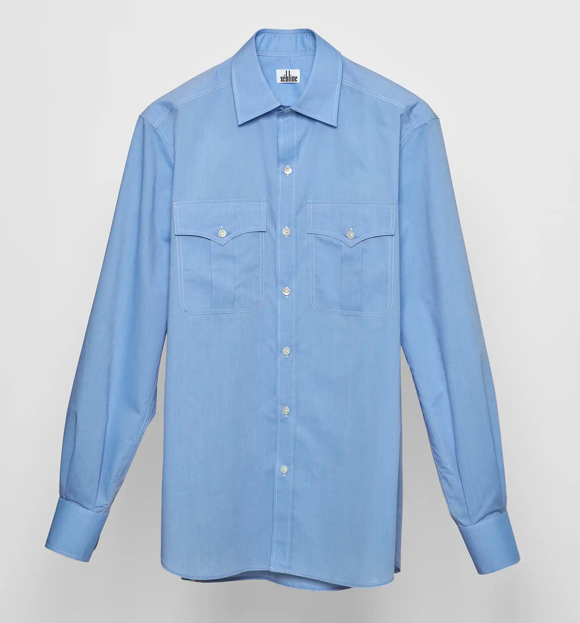 Sébline – Blue cotton Safari shirt, front packshot view
