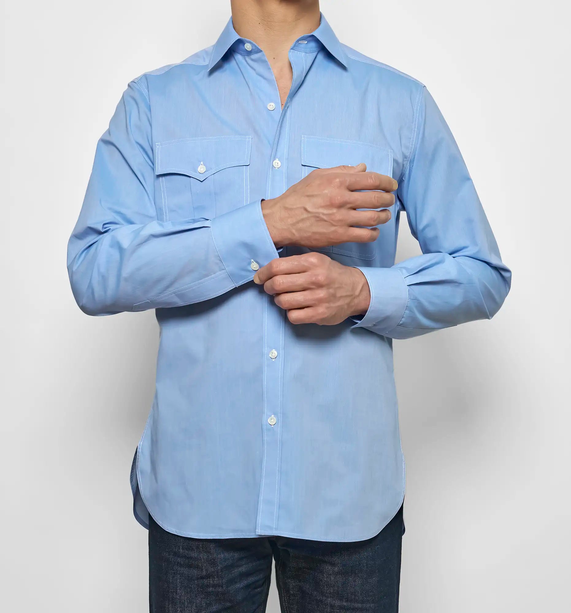 Safari shirt in blue voile, chest close-up — Sébline SS26