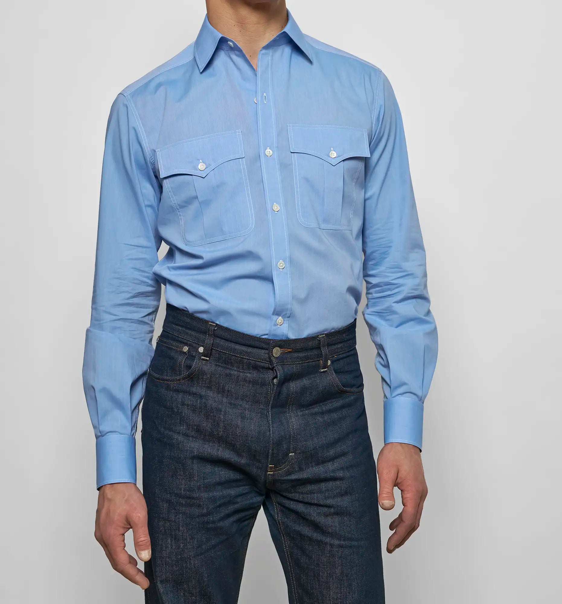 Safari shirt in light blue voile, front view — Sébline SS26