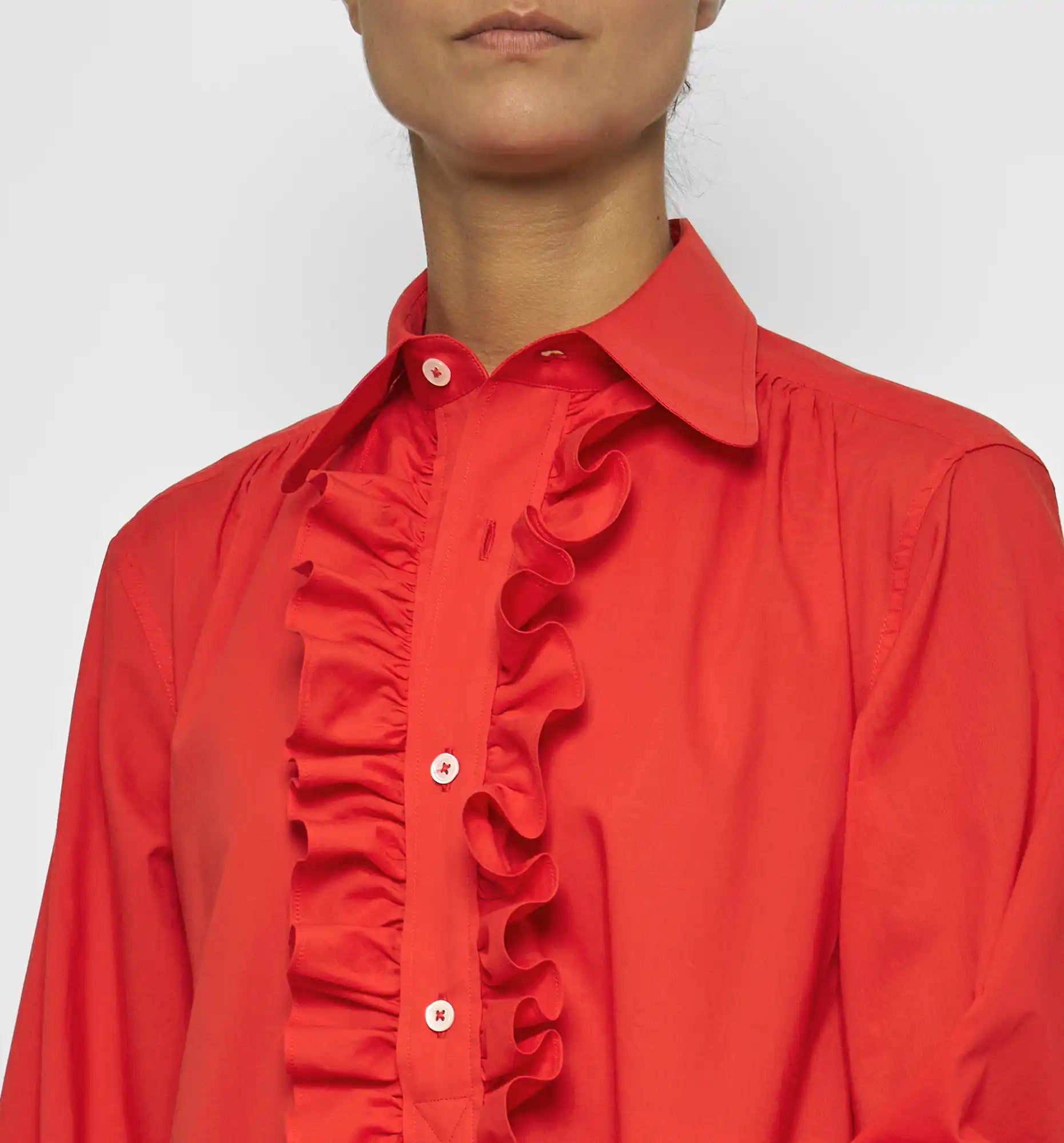Long ruffle dress in poppy red — bodice ruffle detail