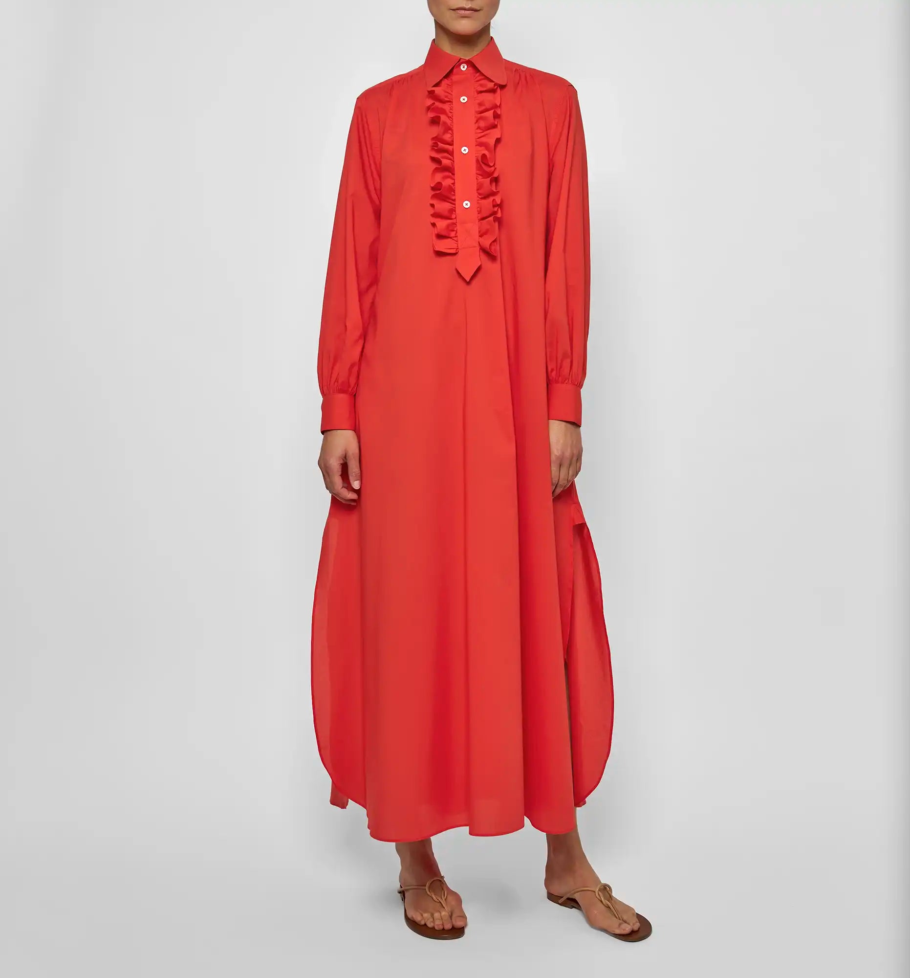 Long ruffle dress in red — front on-model view