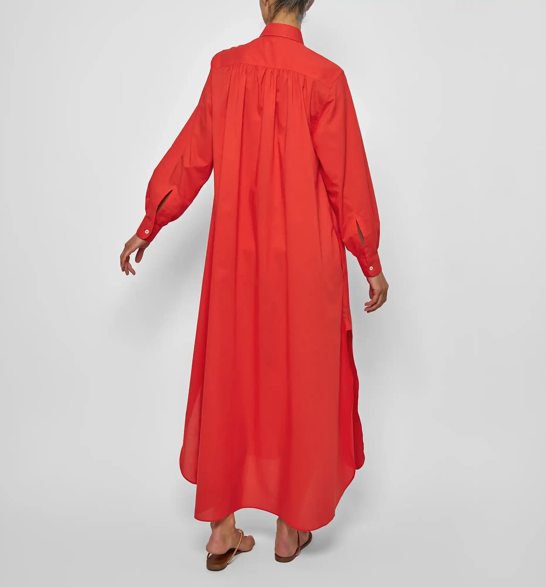 Long ruffle dress in red — back on-model view