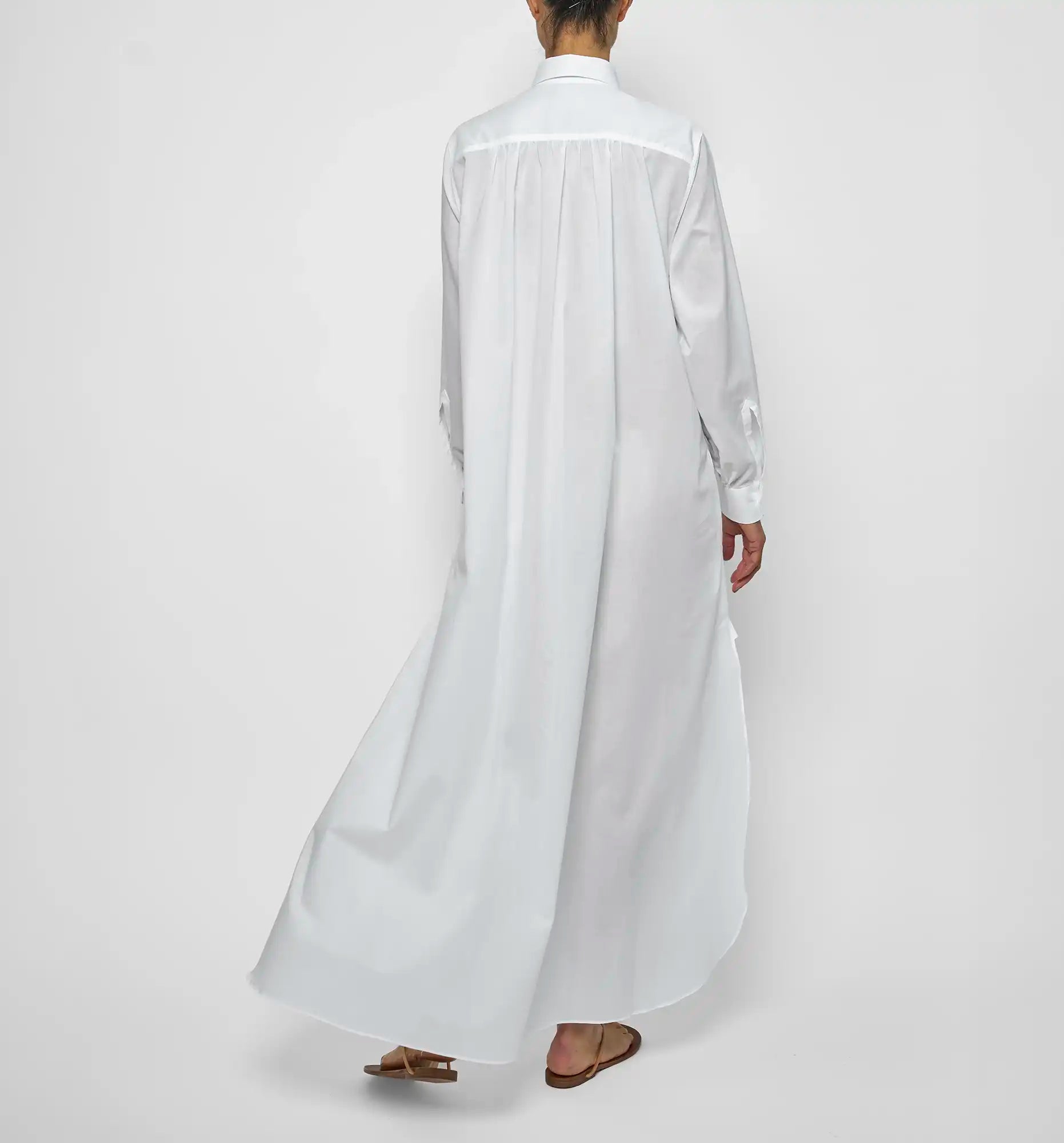 Long ruffle dress in white — back on-model view