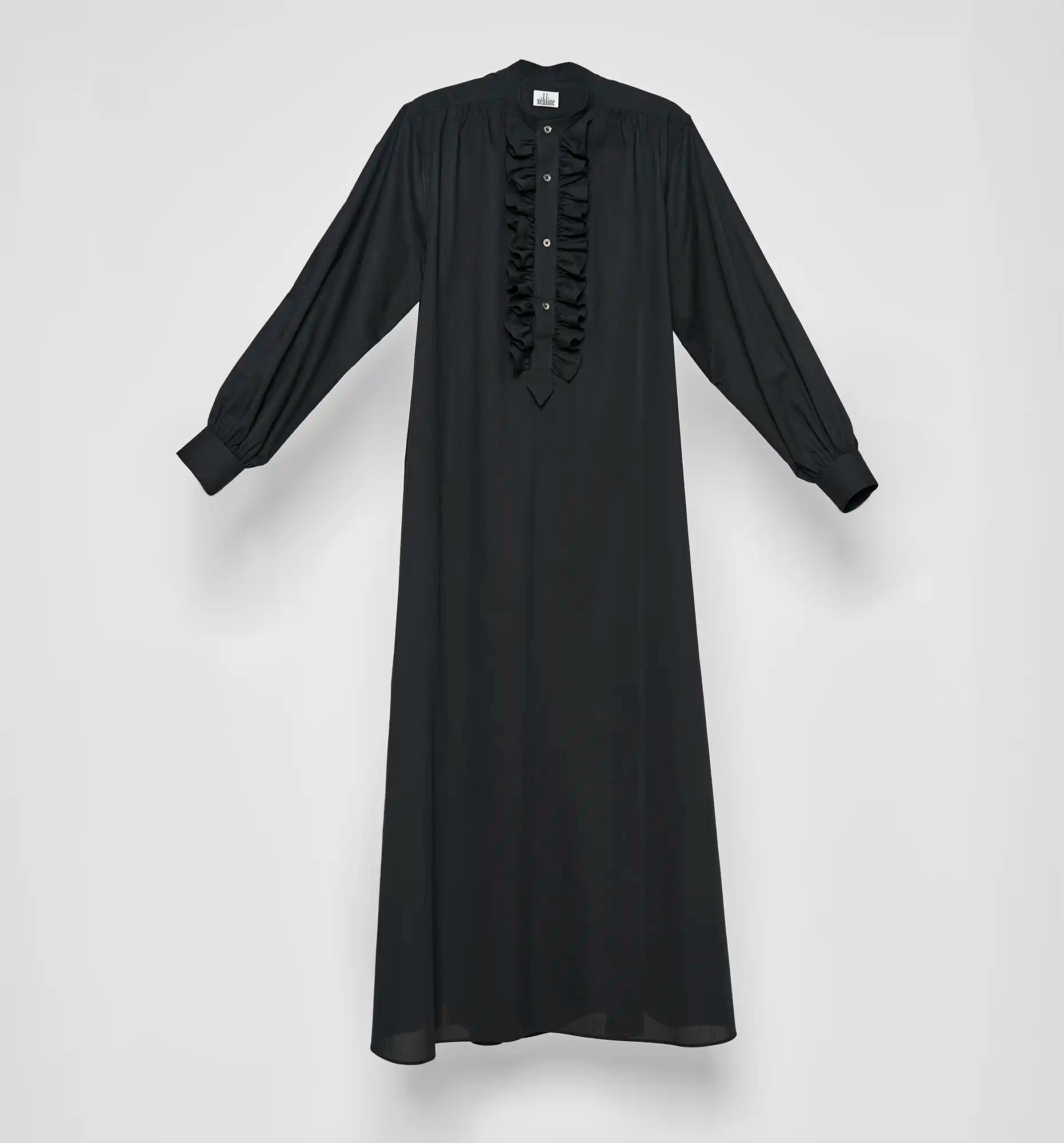 Sébline – Black Long Ruffle Dress with ruffles, front packshot view