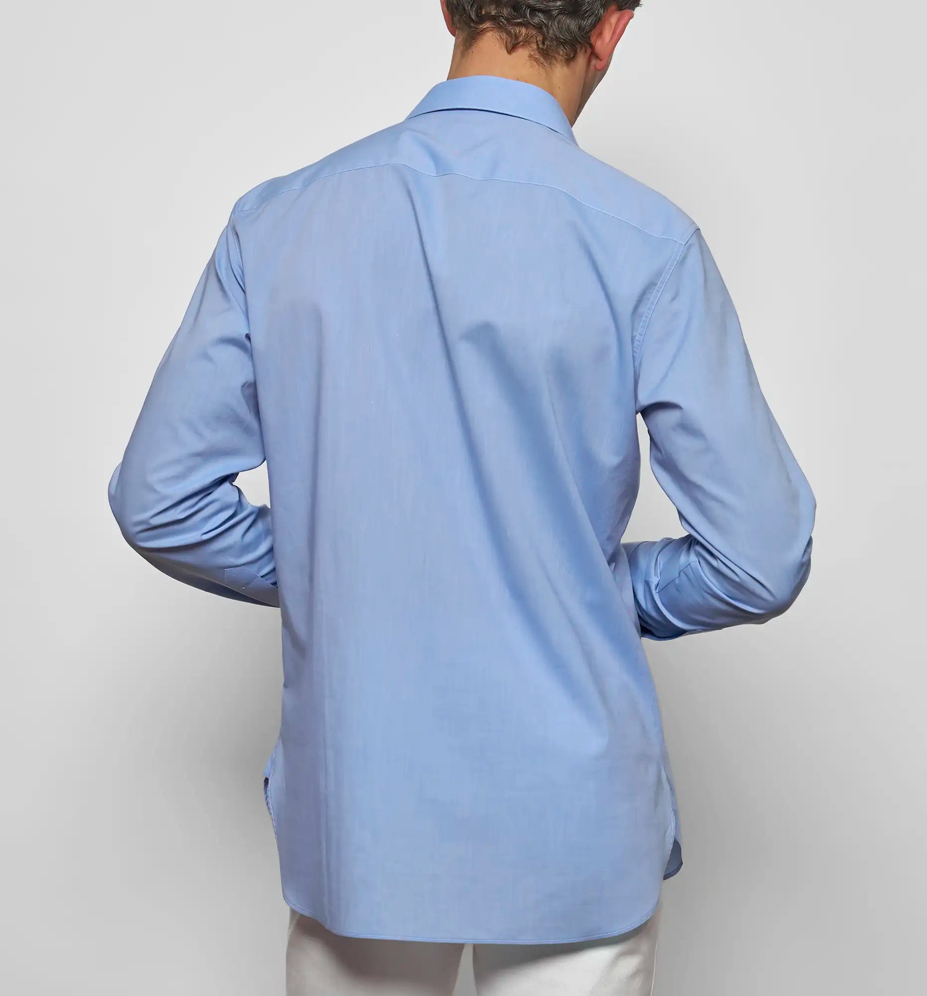 Pleated Bunny shirt in blue voile, back view — Sébline SS26