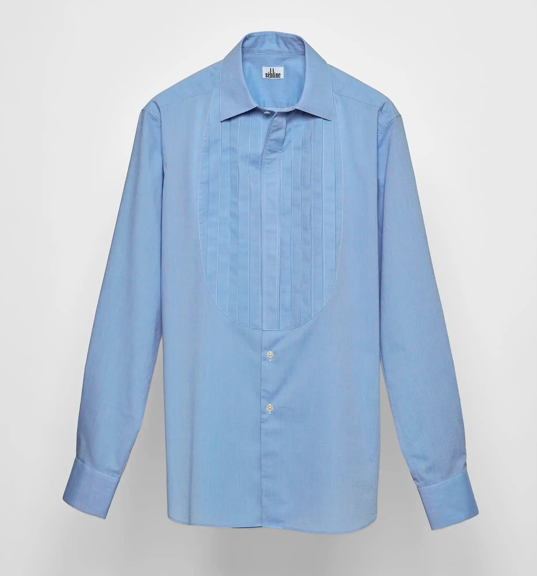 Sébline – Solid blue cotton Pleated Bunny Shirt, front packshot view