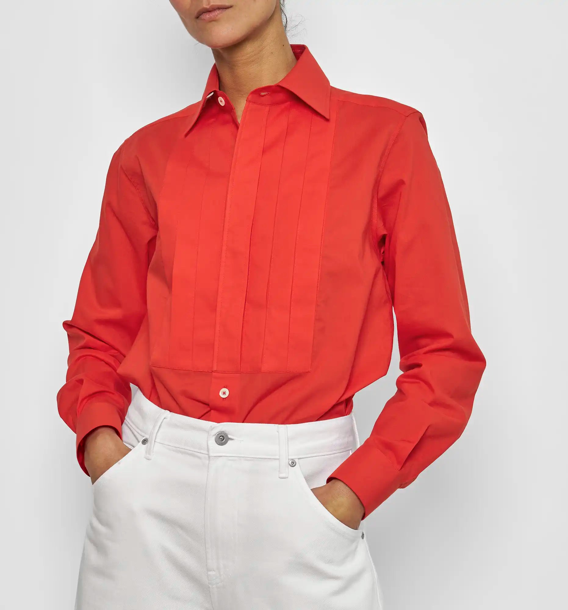 Pleated smoking shirt in poppy red — bodice detail