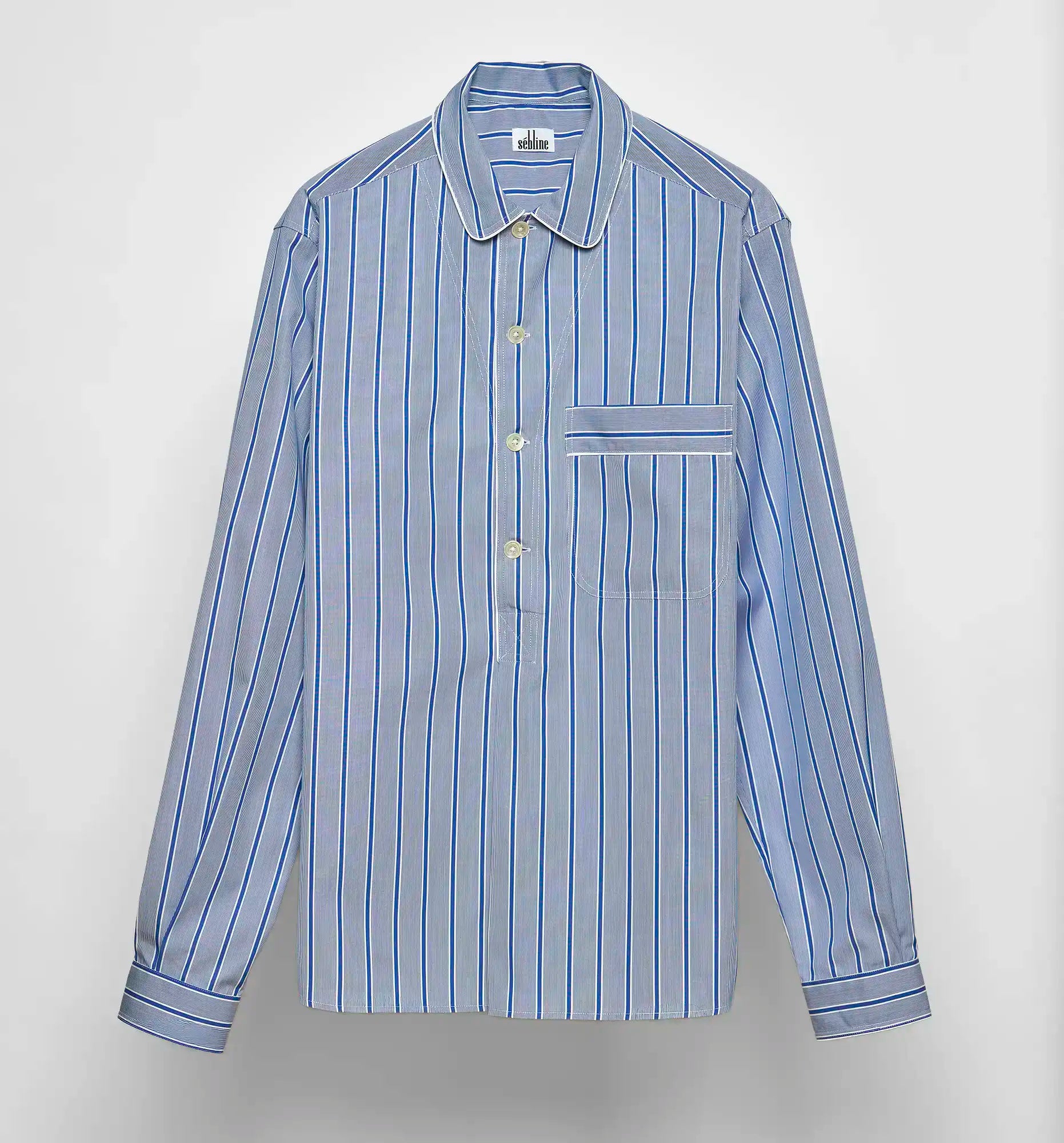 Sébline – Blue striped cotton Pyjama Polo Shirt, front packshot view