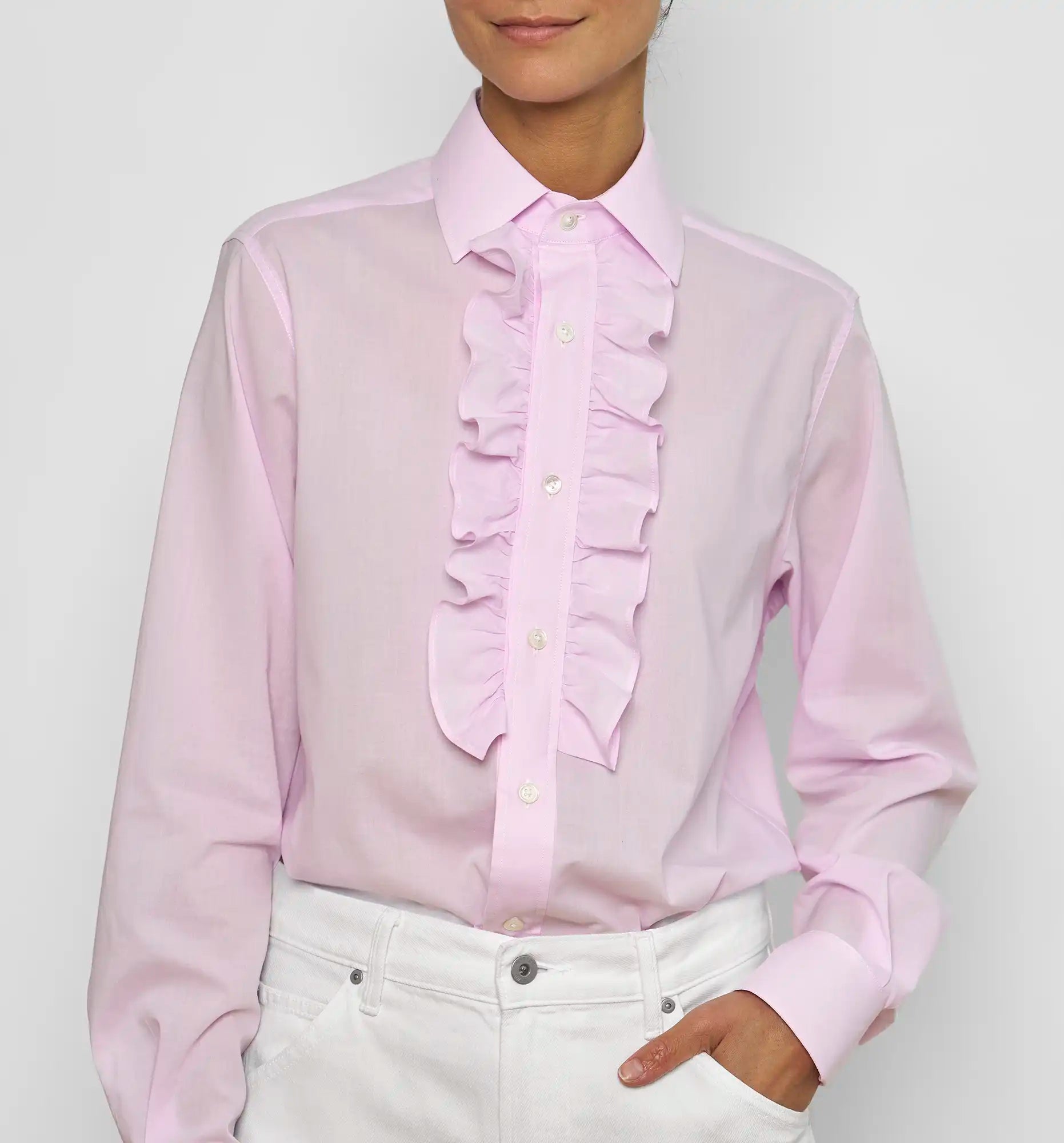Sébline – Pale pink poplin Ruffle Shirt with ruffles, on-model view